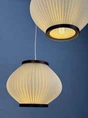 Set_of_2._Ballet_Pendant_Lamps_by_Lars_Schiøler_for_P.J._Høyrup_A/S,_Brown_and_White_PVC,_Denmark,_1970s