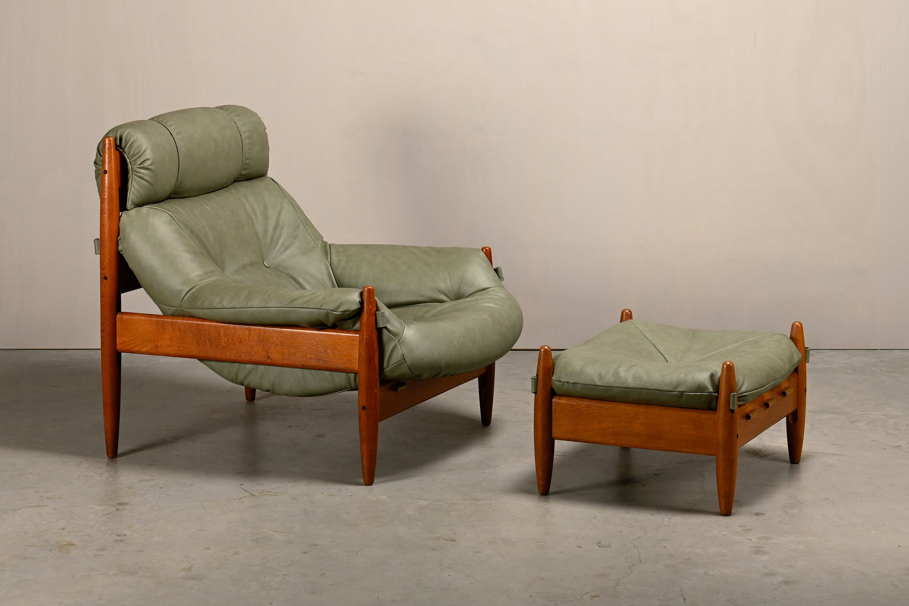 Set_of_Brazilian_Style_Oak_Lounge_Chair_and_Ottoman_in_Sage_Green_Leather,_1970s