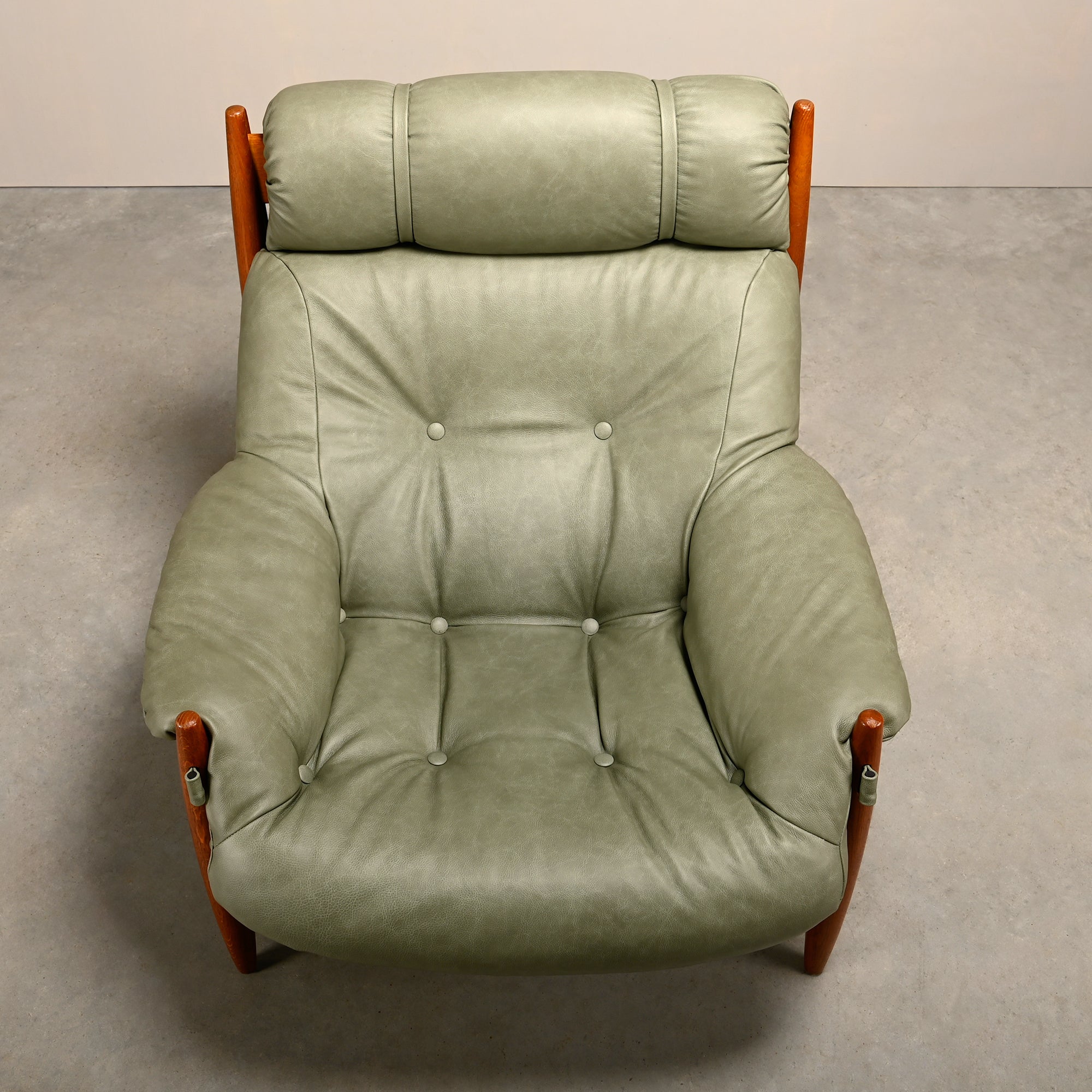 Set_of_Brazilian_Style_Oak_Lounge_Chair_and_Ottoman_in_Sage_Green_Leather,_1970s