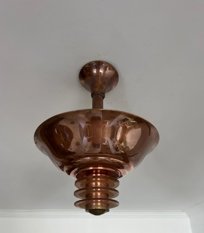 French_Art_Deco_Copper_and_Rosé_Sandblasted_Glass_Chandelier,_1930s