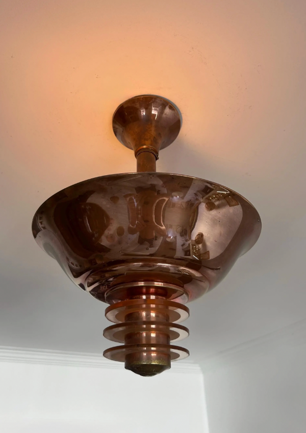 French_Art_Deco_Copper_and_Rosé_Sandblasted_Glass_Chandelier,_1930s