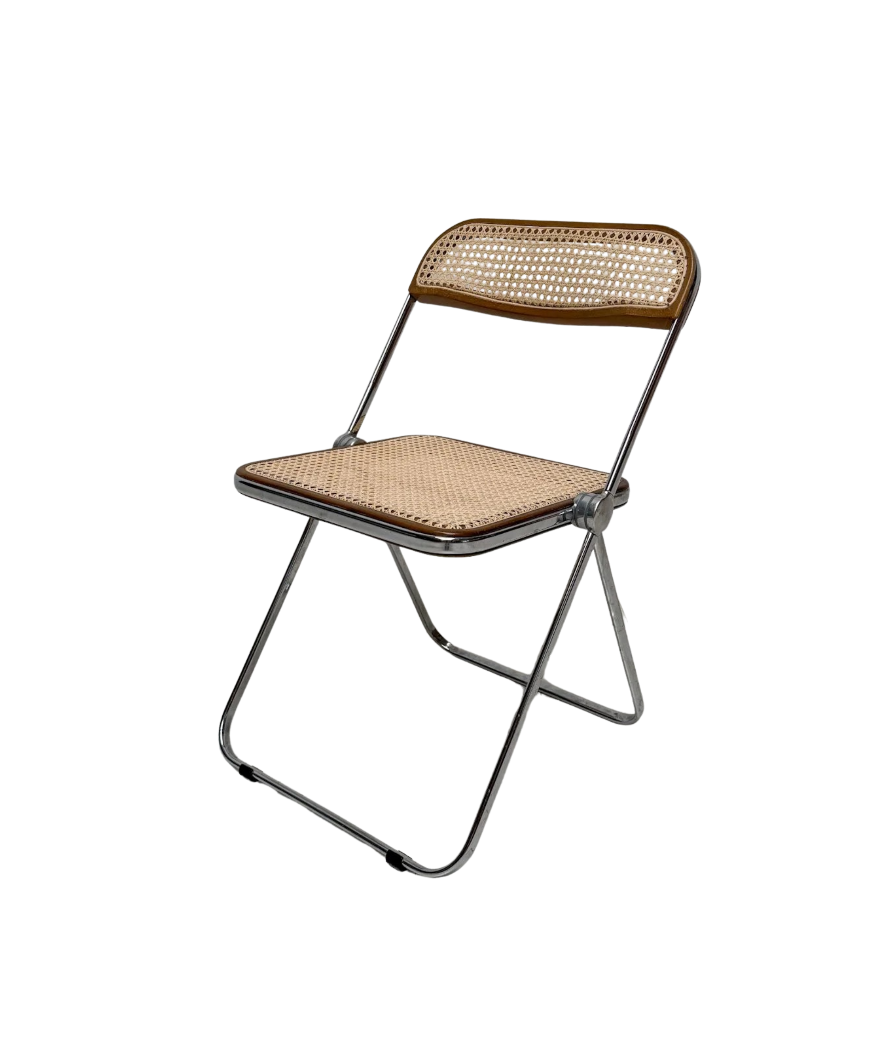 Plia_Folding_Chair_by_Giancarlo_Piretti_for_Anonima_Castelli,_Chrome,_Walnut_and_Cane_Wicker,_Italy,_1960s
