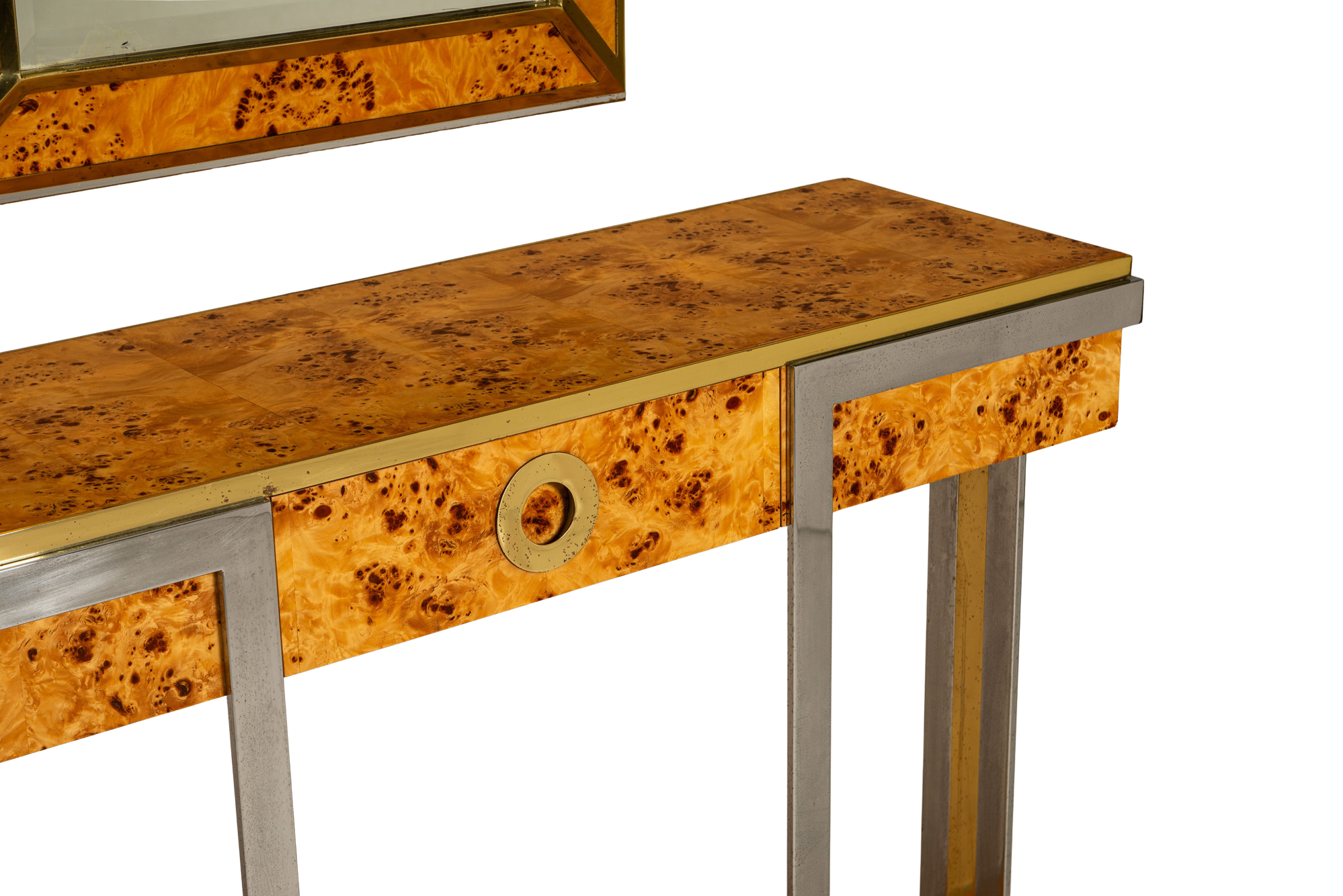 Console_and_Mirror_Set_by_Mario_Sabot_and_Willy_Rizzo_in_Burl_Wood_and_Brass,_Italy_1970s