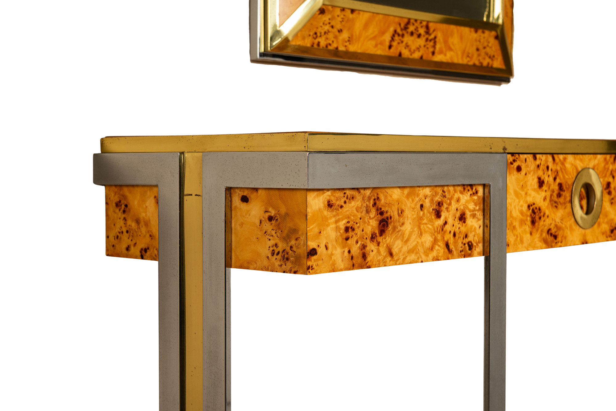 Console_and_Mirror_Set_by_Mario_Sabot_and_Willy_Rizzo_in_Burl_Wood_and_Brass,_Italy_1970s