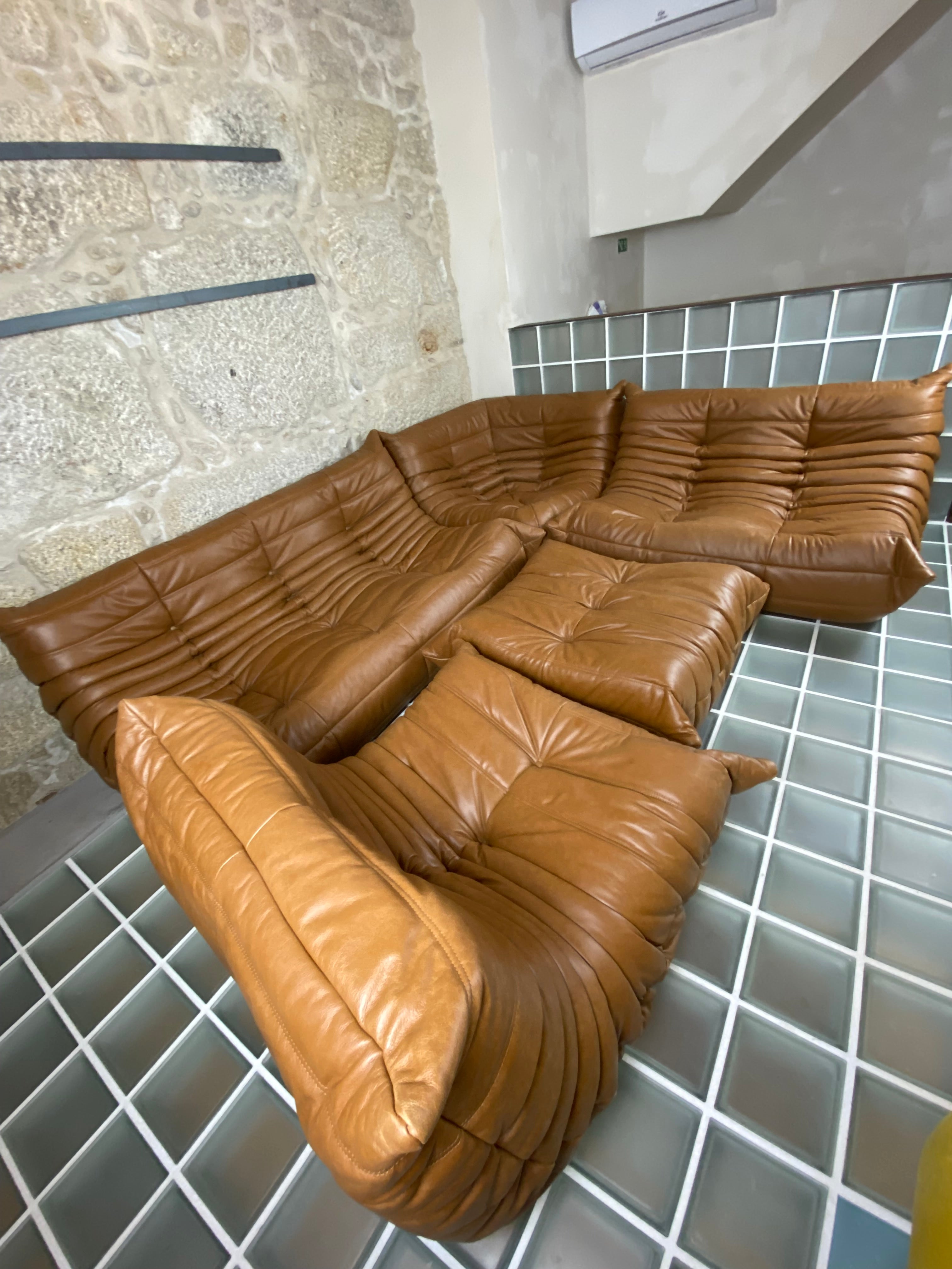 Set_of_5_Maroon_Leather_Togo_Sofa_by_Michel_Ducaroy_for_Ligne_Roset