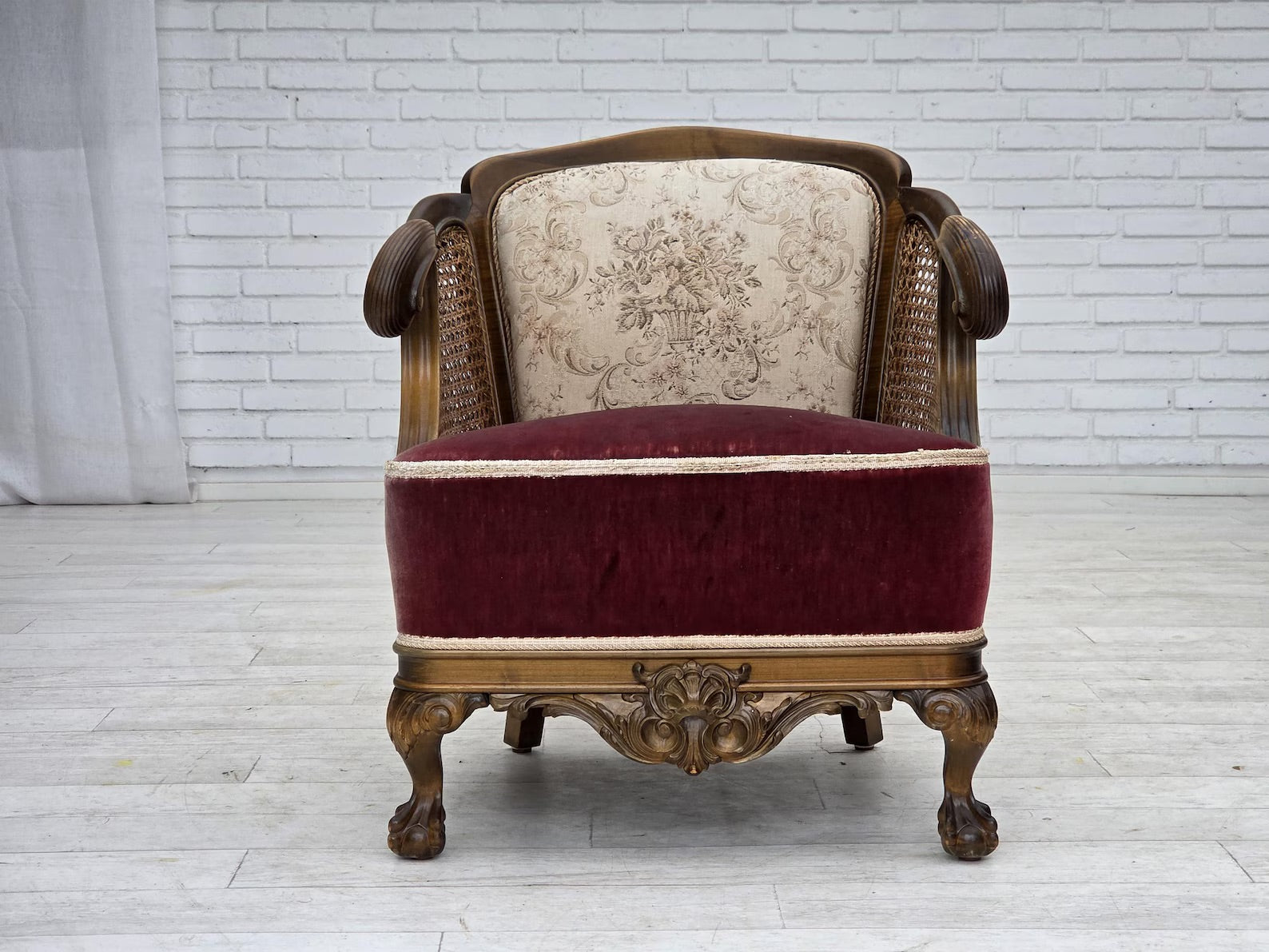 Mid-20th-Century_Scandinavian_Armchair,_Oak,_Wool_&_Velour,_1940s_Denmark