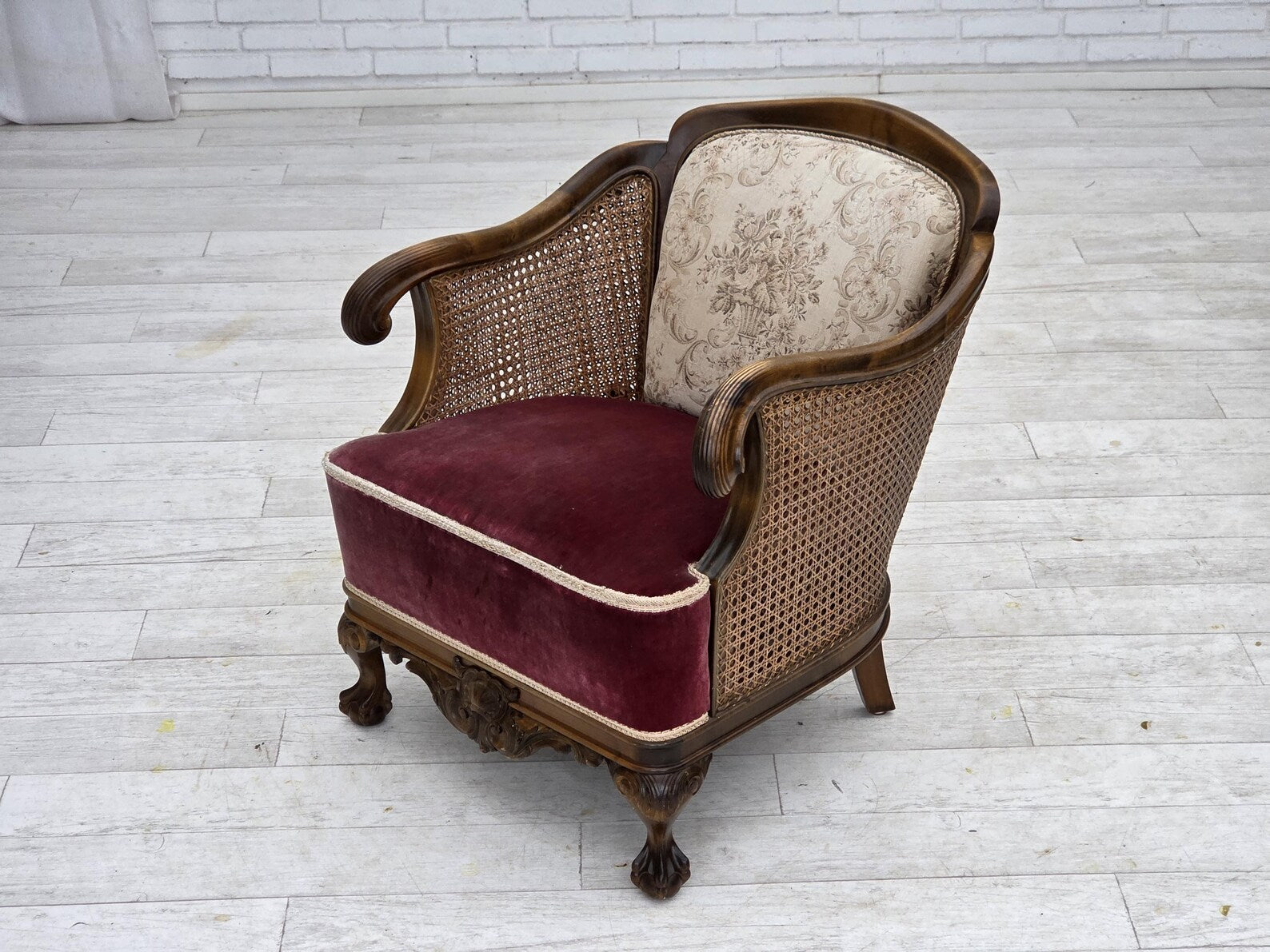 Mid-20th-Century_Scandinavian_Armchair,_Oak,_Wool_&_Velour,_1940s_Denmark