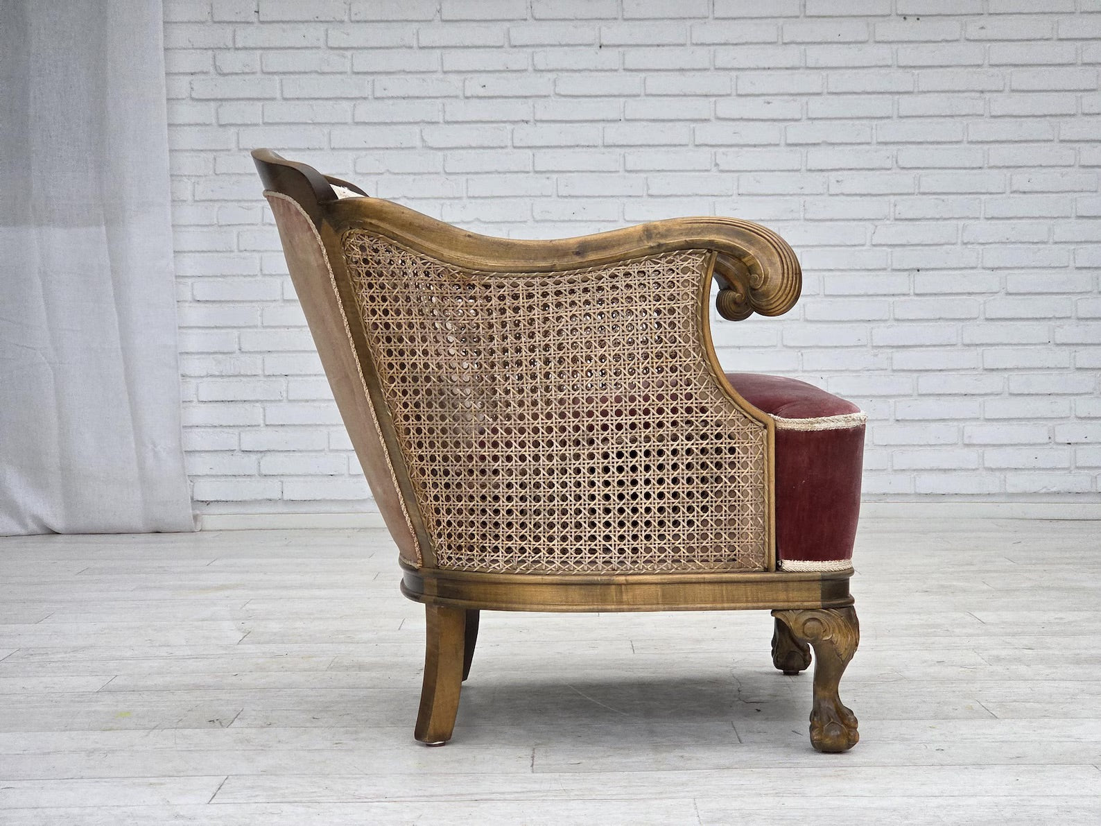 Mid-20th-Century_Scandinavian_Armchair,_Oak,_Wool_&_Velour,_1940s_Denmark
