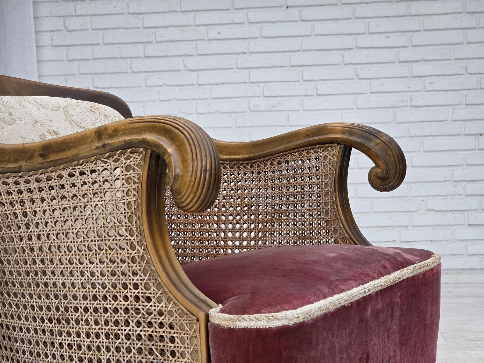 Mid-20th-Century_Scandinavian_Armchair,_Oak,_Wool_&_Velour,_1940s_Denmark