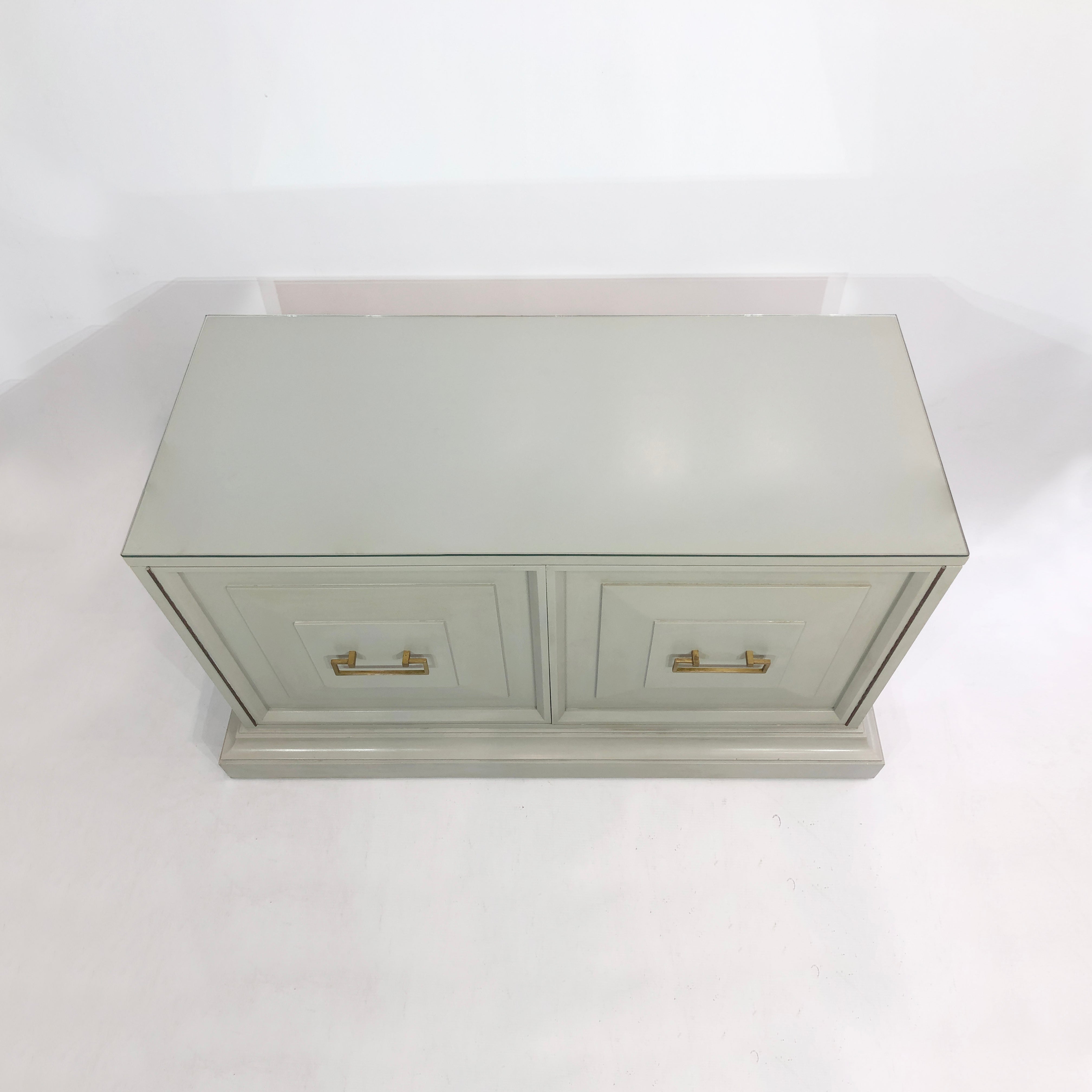 Neoclassical_Duck_Egg_Blue_Cabinet_with_Brass_and_Glass_Top,_USA_1970s