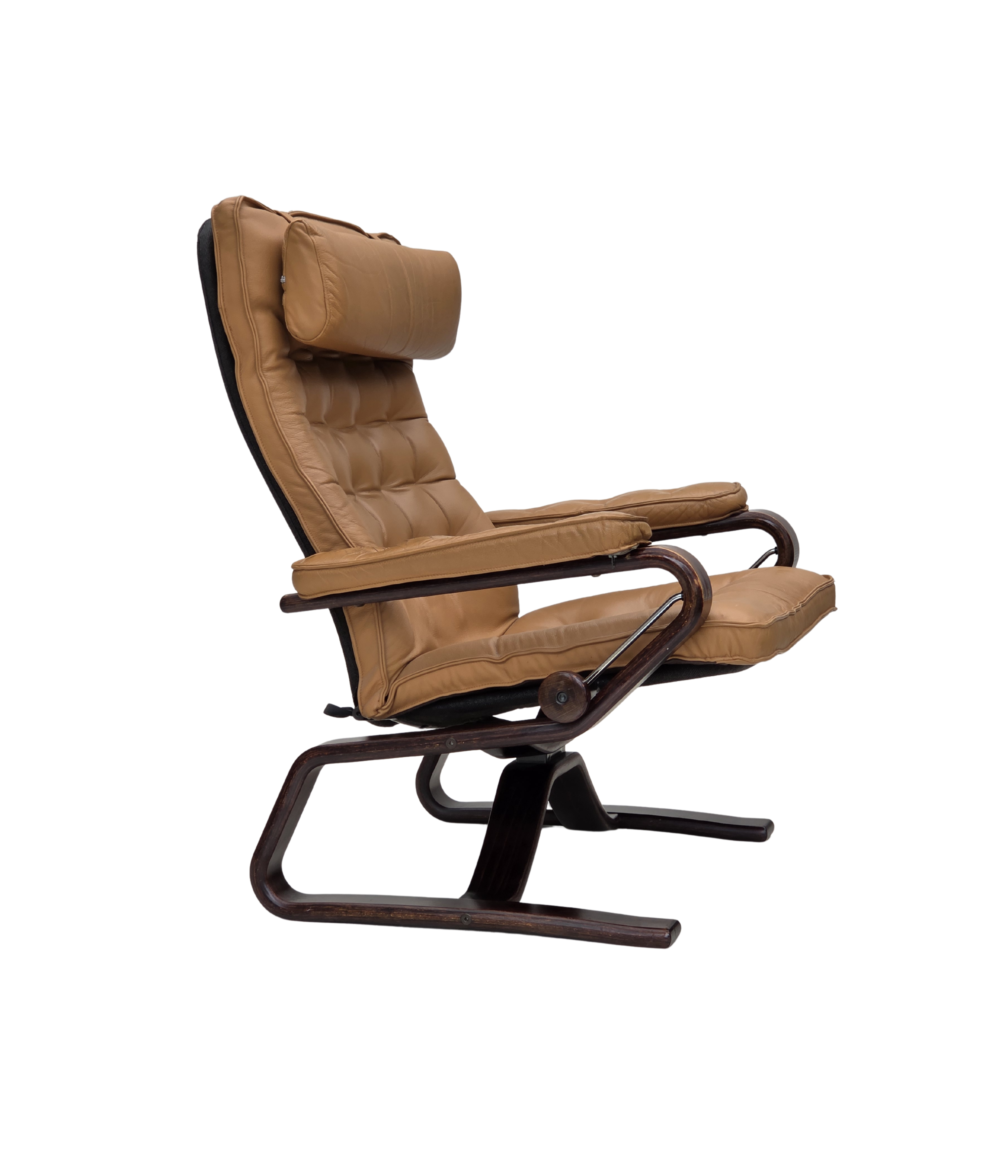Norwegian_Mid-Century_Modern_Adjustable_Bentwood_Lounge_Chair_with_Light_Brown_Leather_and_Canvas,_1970s