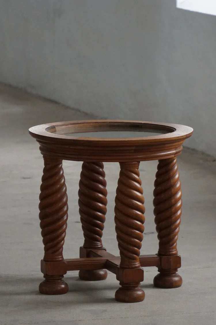 Oak_Table_with_Spiral_Turned_Legs_and_Glass_Top,_Scandinavian_Rustic_Style