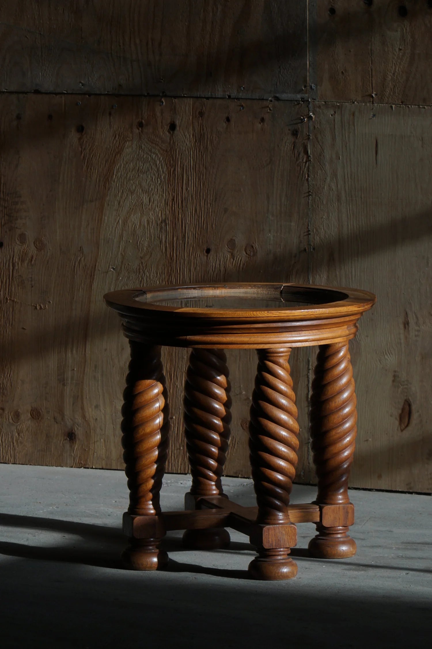 Oak_Table_with_Spiral_Turned_Legs_and_Glass_Top,_Scandinavian_Rustic_Style