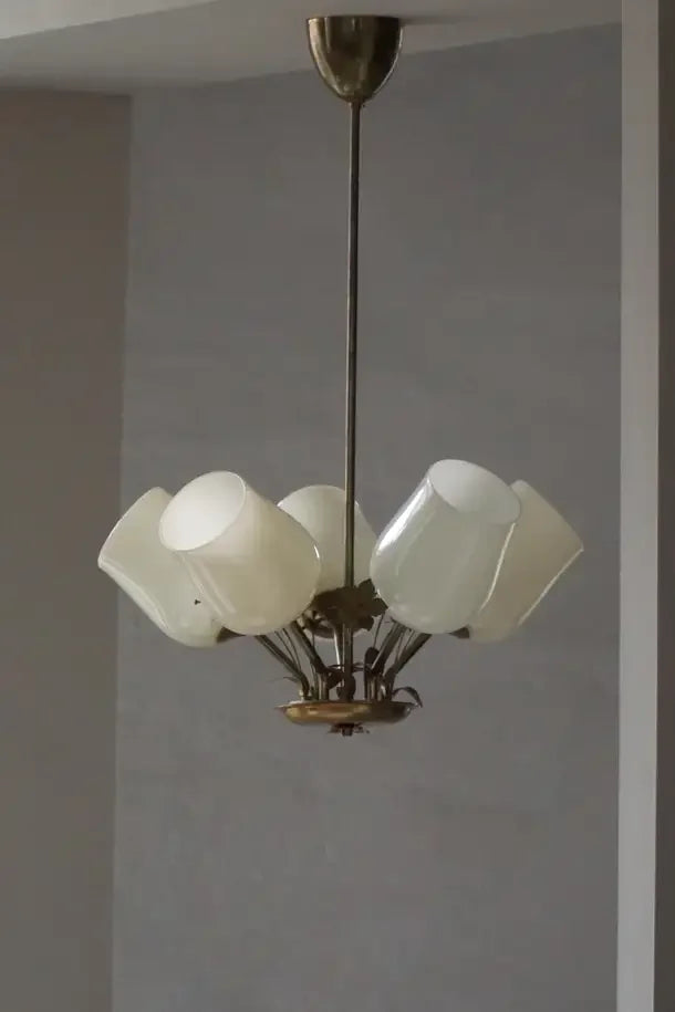 Paavo_Tynell_5-Arm_Brass_and_Glass_Chandelier,_Finland