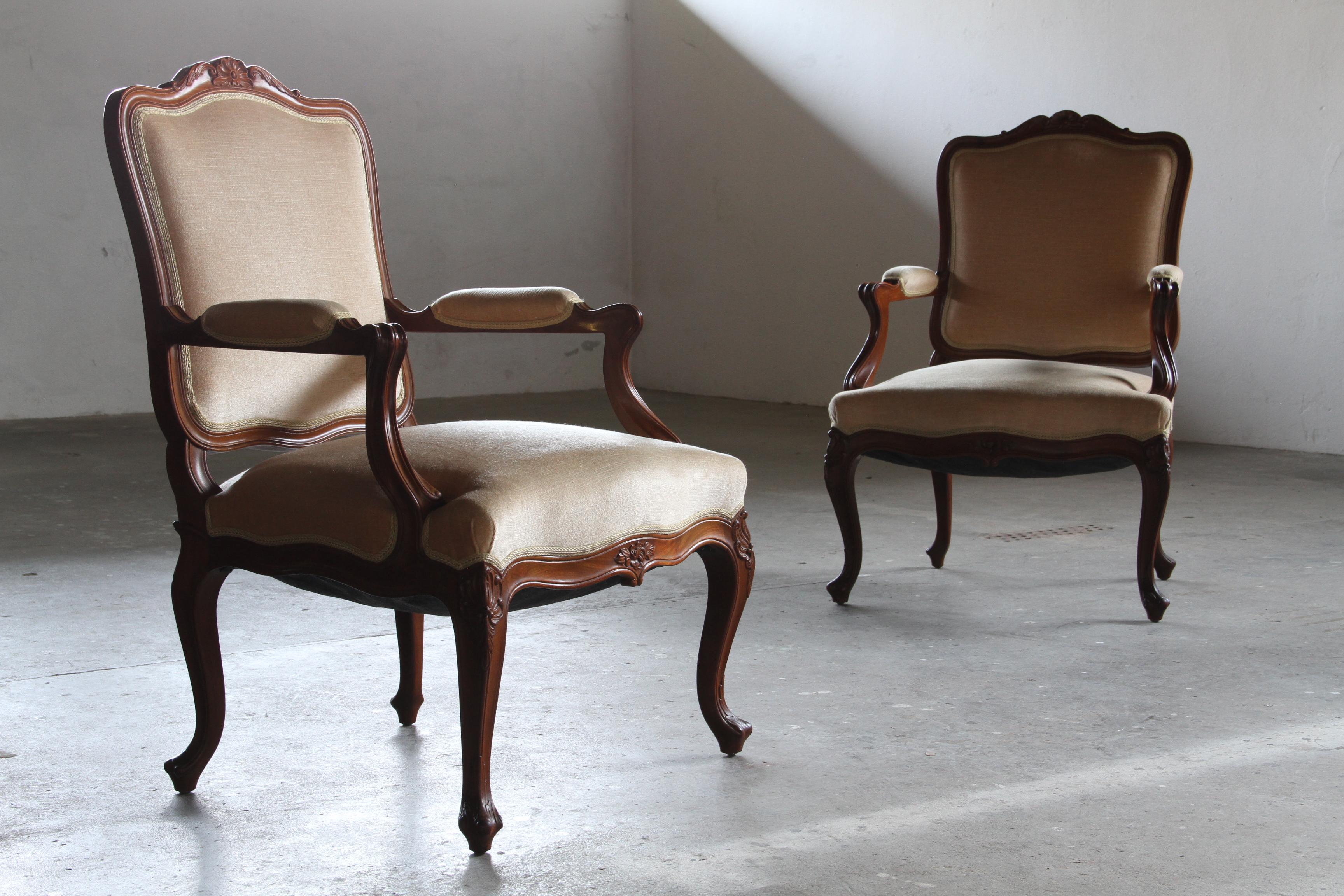Set_of_2_Antique_Danish_Rococo_Revival_Lounge_Armchairs_with_Carved_Walnut-Style_Frames_and_Velvet_Upholstery,_19th_Century