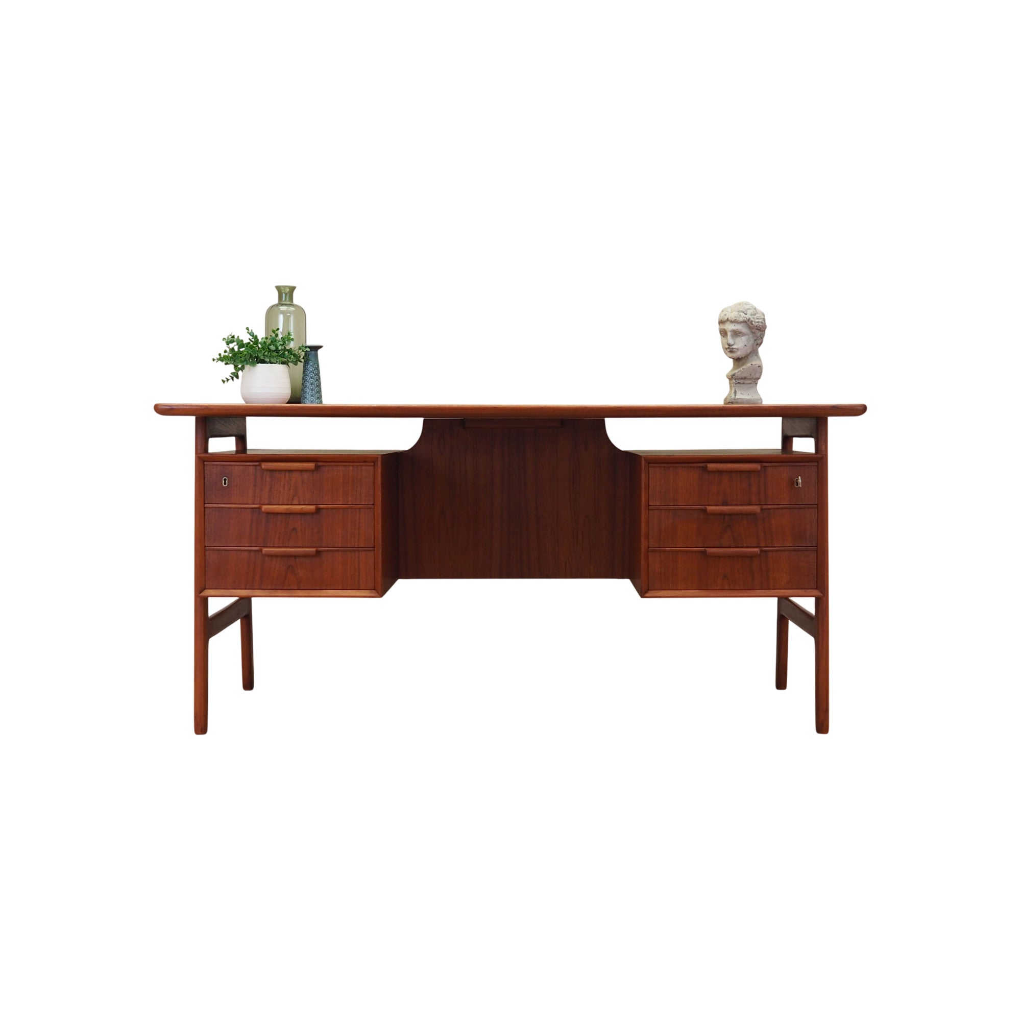 1970s_Danish_Model_75_Teak_Executive_Desk_by_Omann_Jun,_Six_Drawers_and_Rear_Bar_Cabinet