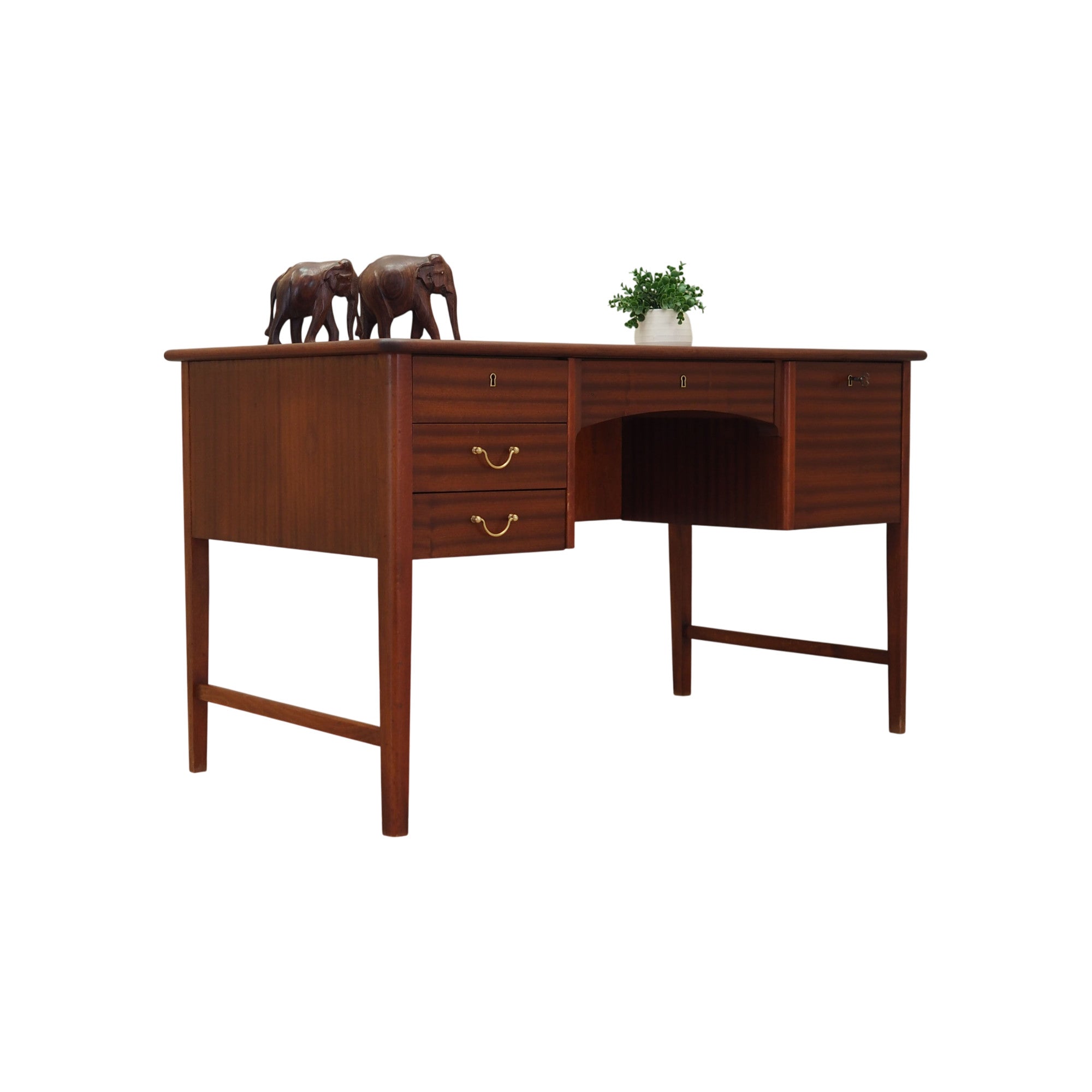1970s_Danish_Mid-Century_Mahogany_Executive_Desk,_Four_Drawers,_Lockable_Bar_Cabinet_and_Rear_Shelf