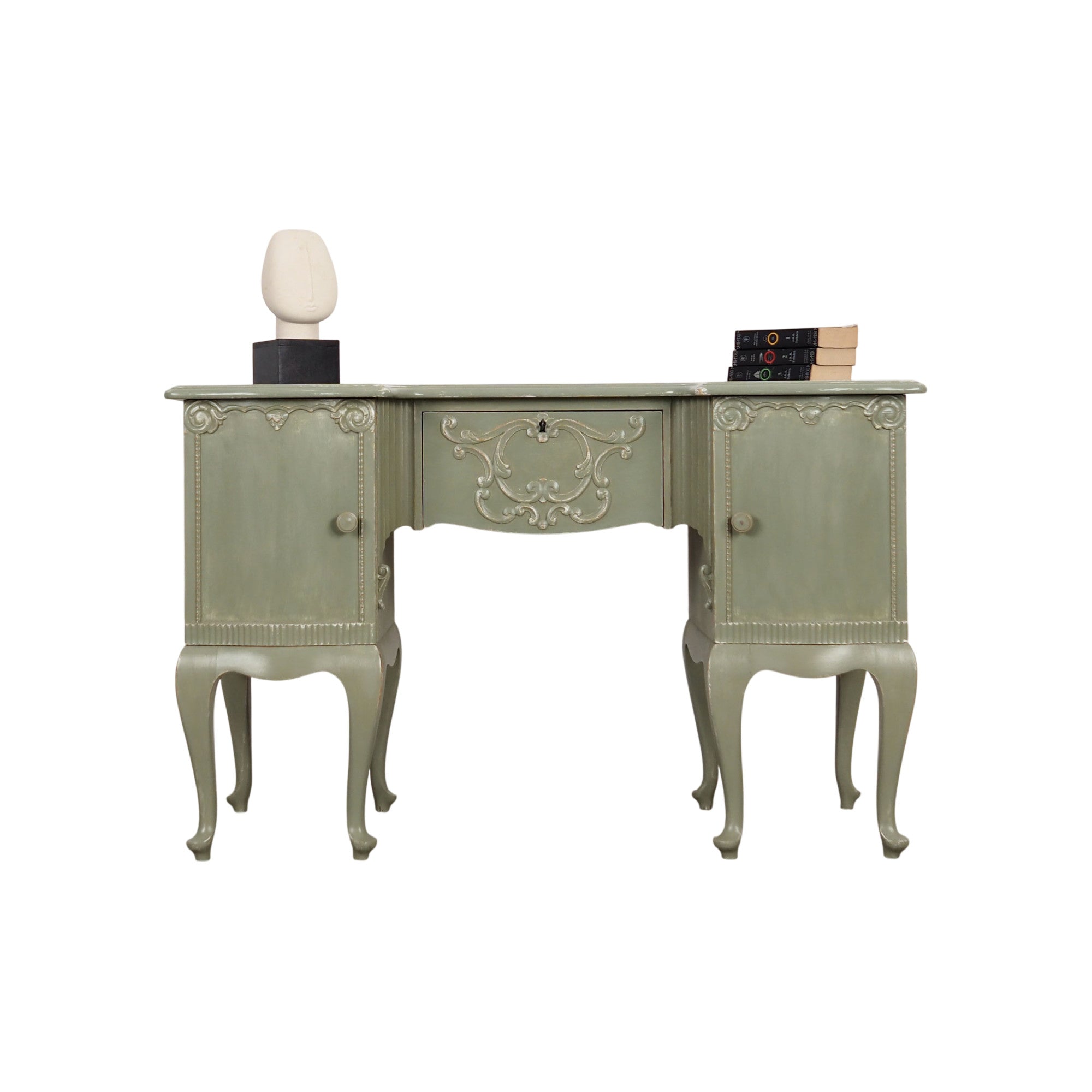1960s_Danish_Solid_Pine_Desk,_Green_Shabby_Chic_Finish,_Storage_Cabinets_and_Lockable_Bar