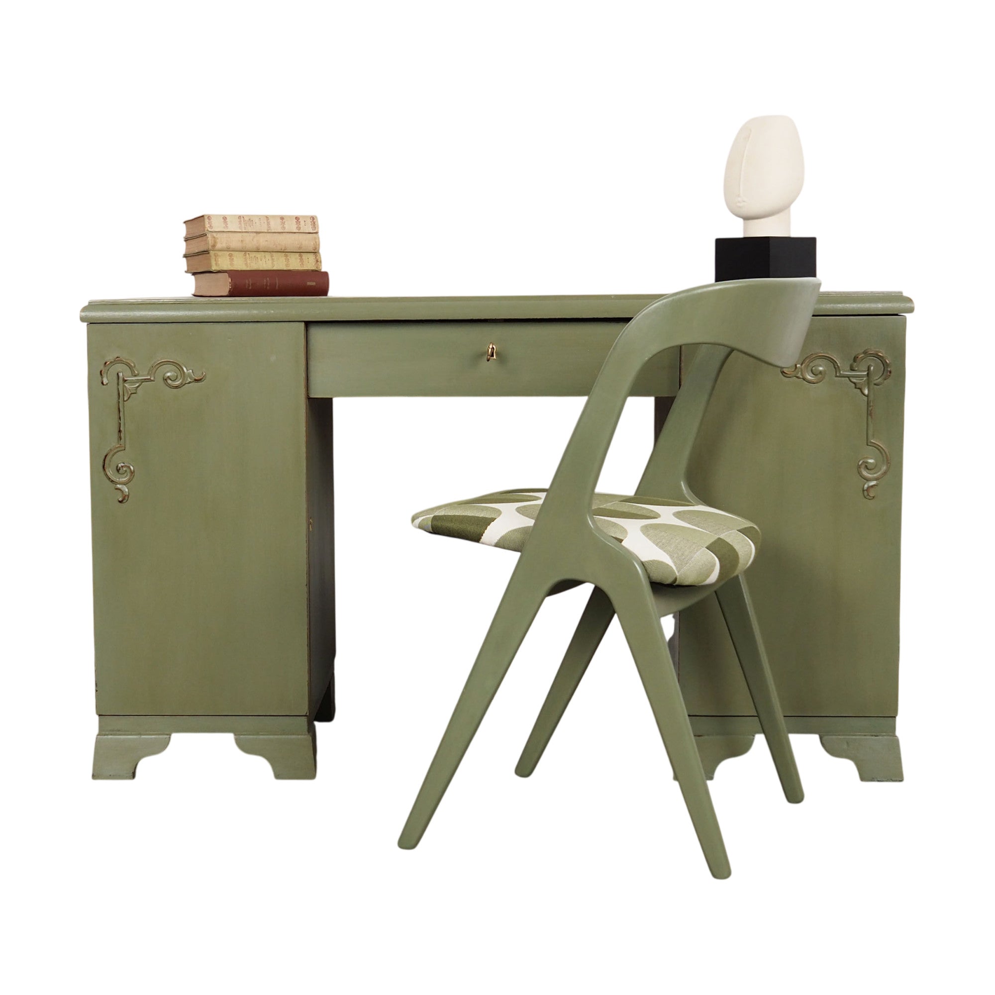 1960s_Danish_Vintage_Desk,_Green_Shabby_Chic_Finish,_Storage_Cabinets_and_Drawers