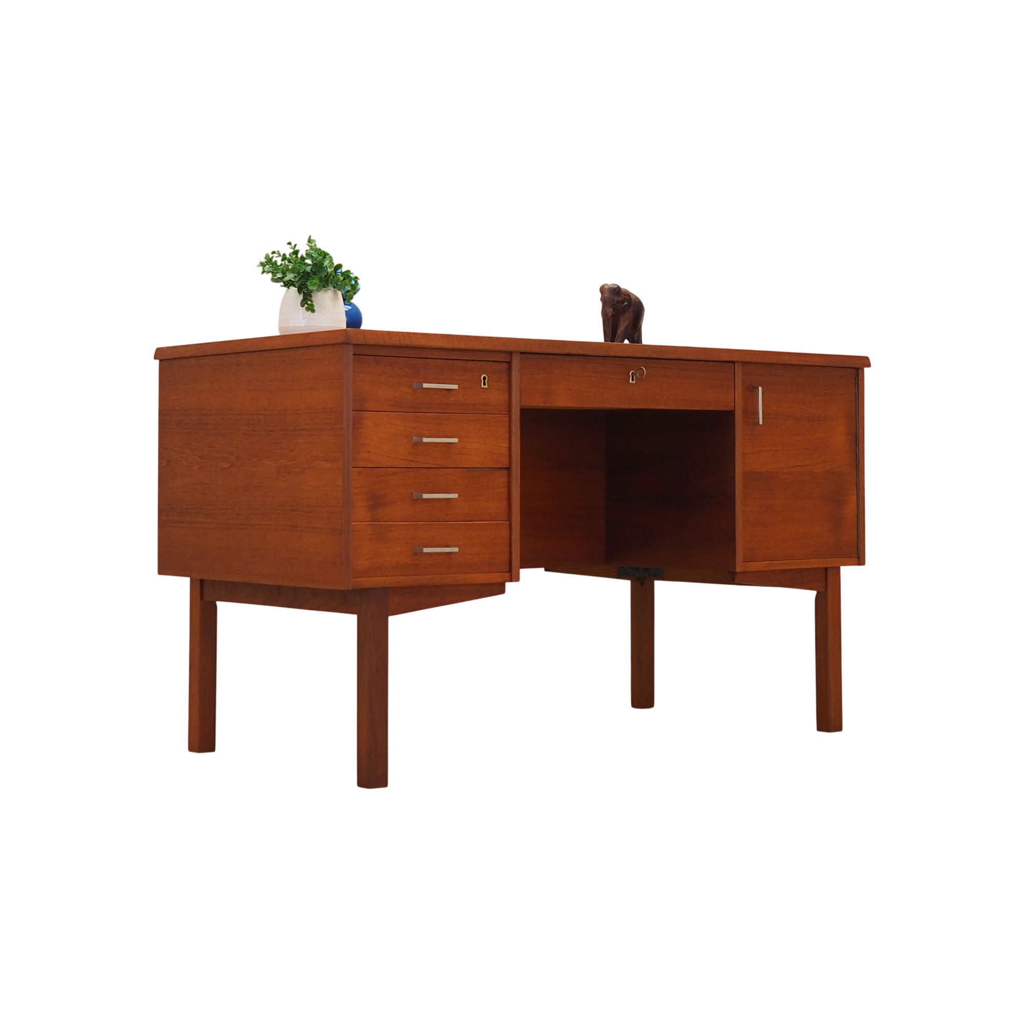 1970s_Danish_Mid-Century_Teak_Executive_Desk,_Five_Drawers,_Storage_Cabinet_and_Rear_Shelf