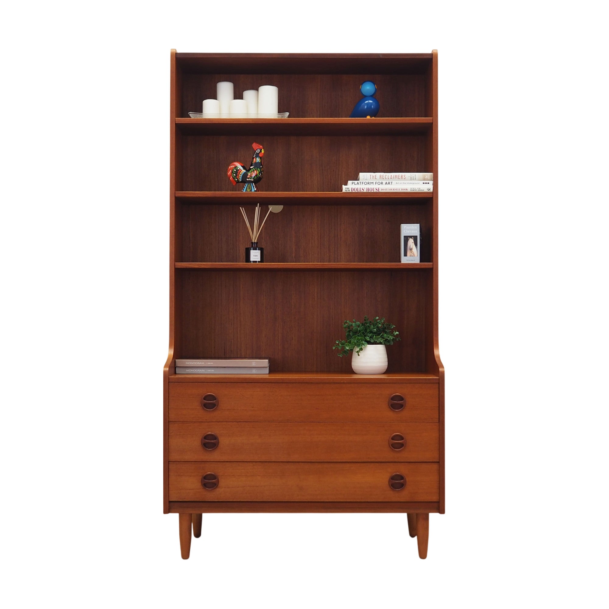 1960s_Danish_Teak_Bookcase_with_Three_Adjustable_Shelves,_Three_Drawers_and_Solid_Wood_Legs