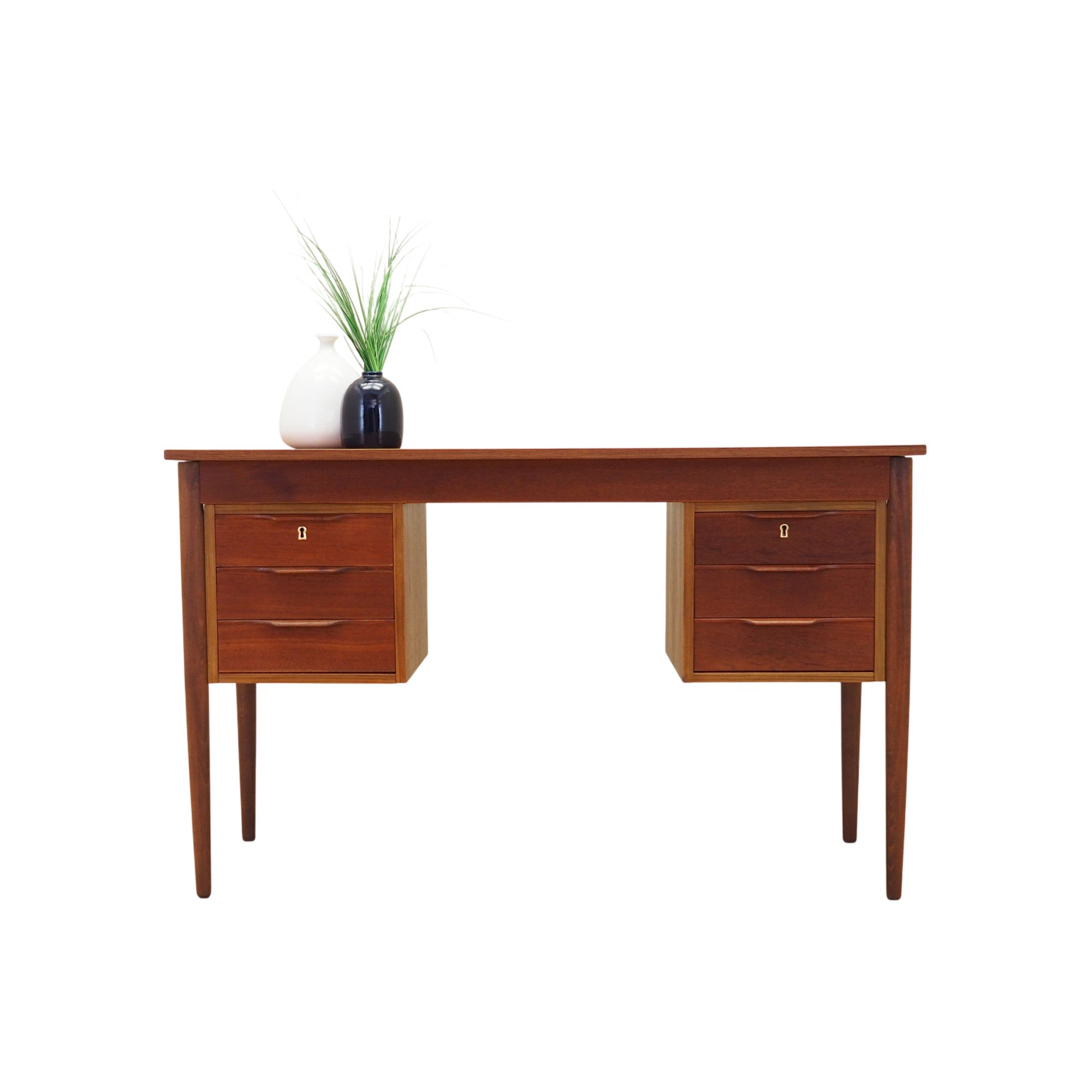 1960s_Danish_Teak_Desk_with_Six_Drawers_and_Solid_Wood_Legs,_Scandinavian_Mid-Century_Modern