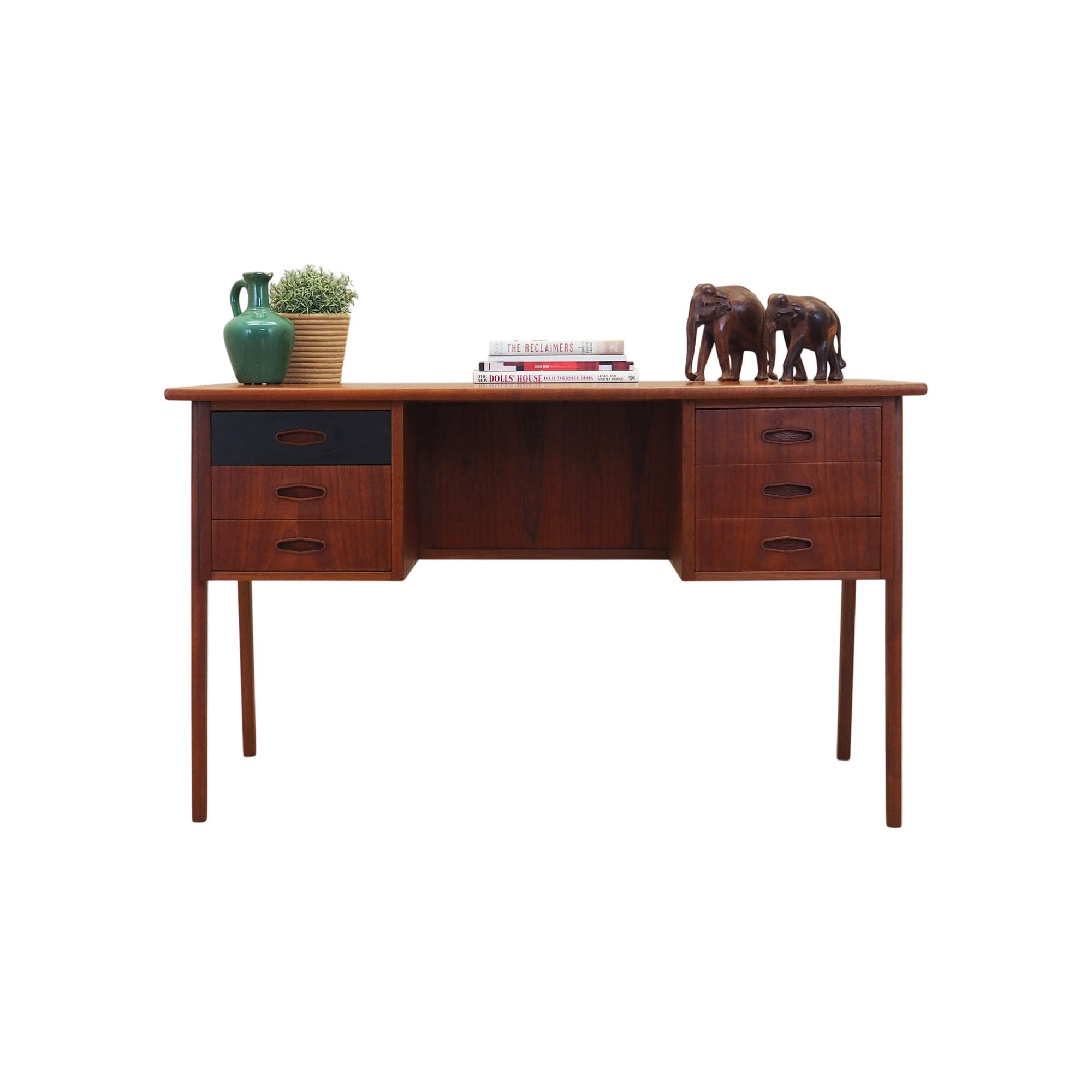 1970s_Danish_Mid-Century_Teak_Executive_Desk,_Six_Drawers_and_Solid_Wood_Legs