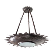 1940s_Hand-Forged_Wrought_Iron_Sunburst_Pendant_Lamp,_Rustic_Brutalist_Ceiling_Light_with_Textured_Glass