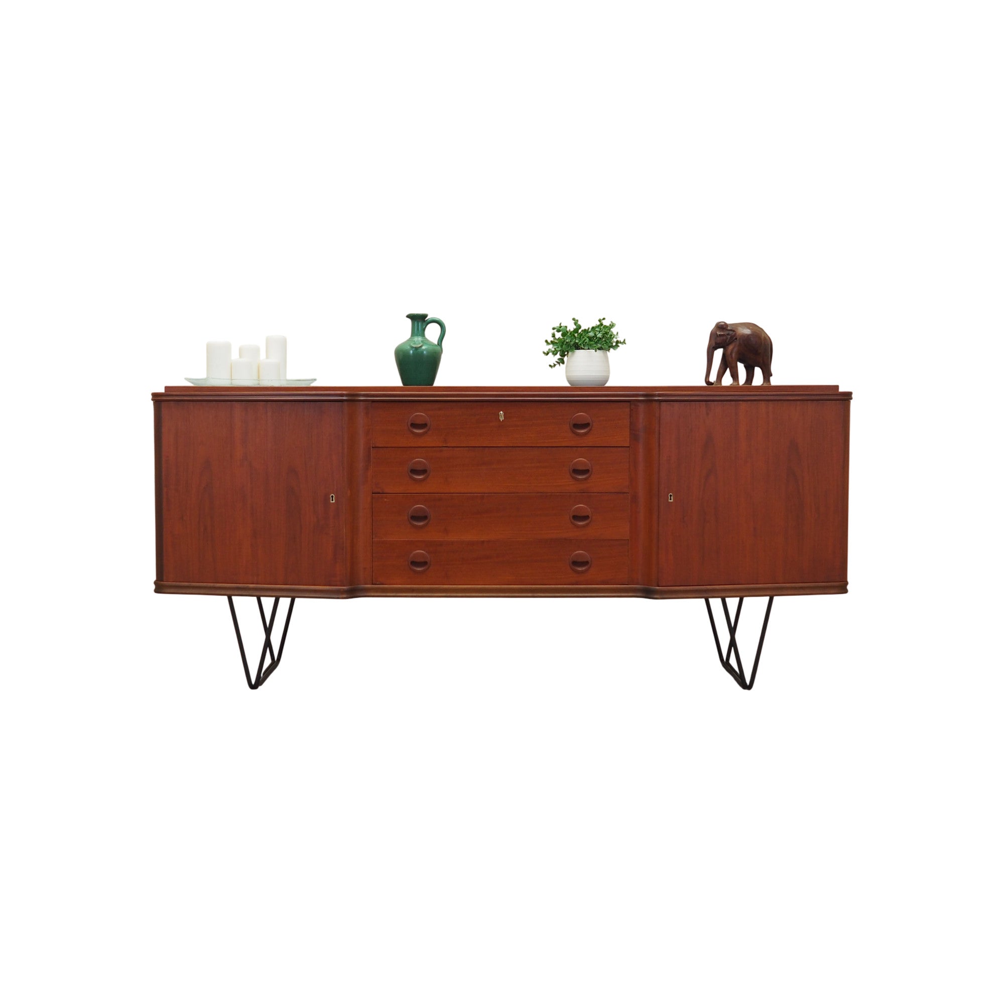 1970s_Danish_Mid-Century_Teak_Sideboard,_Black_Metal_Legs,_Four_Drawers_and_Lockable_Doors