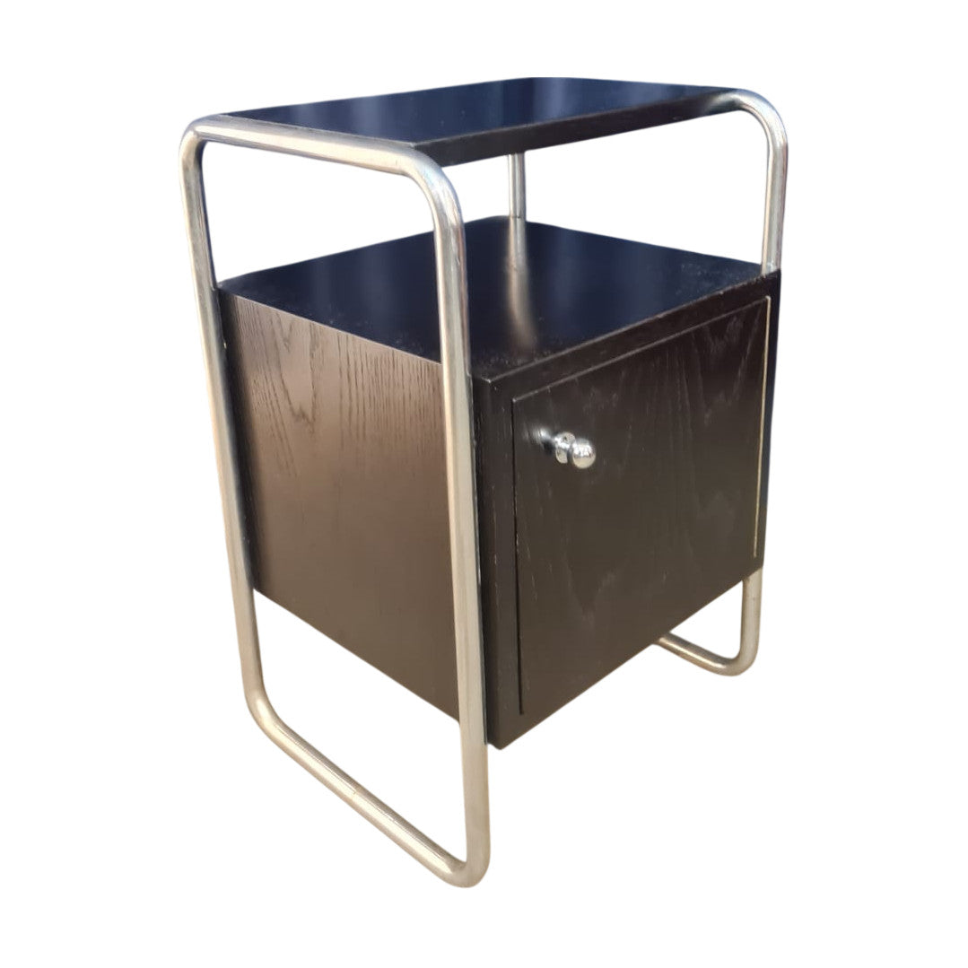 Vintage_Oak_Veneer_Bedside_Table_with_Chrome_Tubular_Frame,_Honey_and_Black_Finish