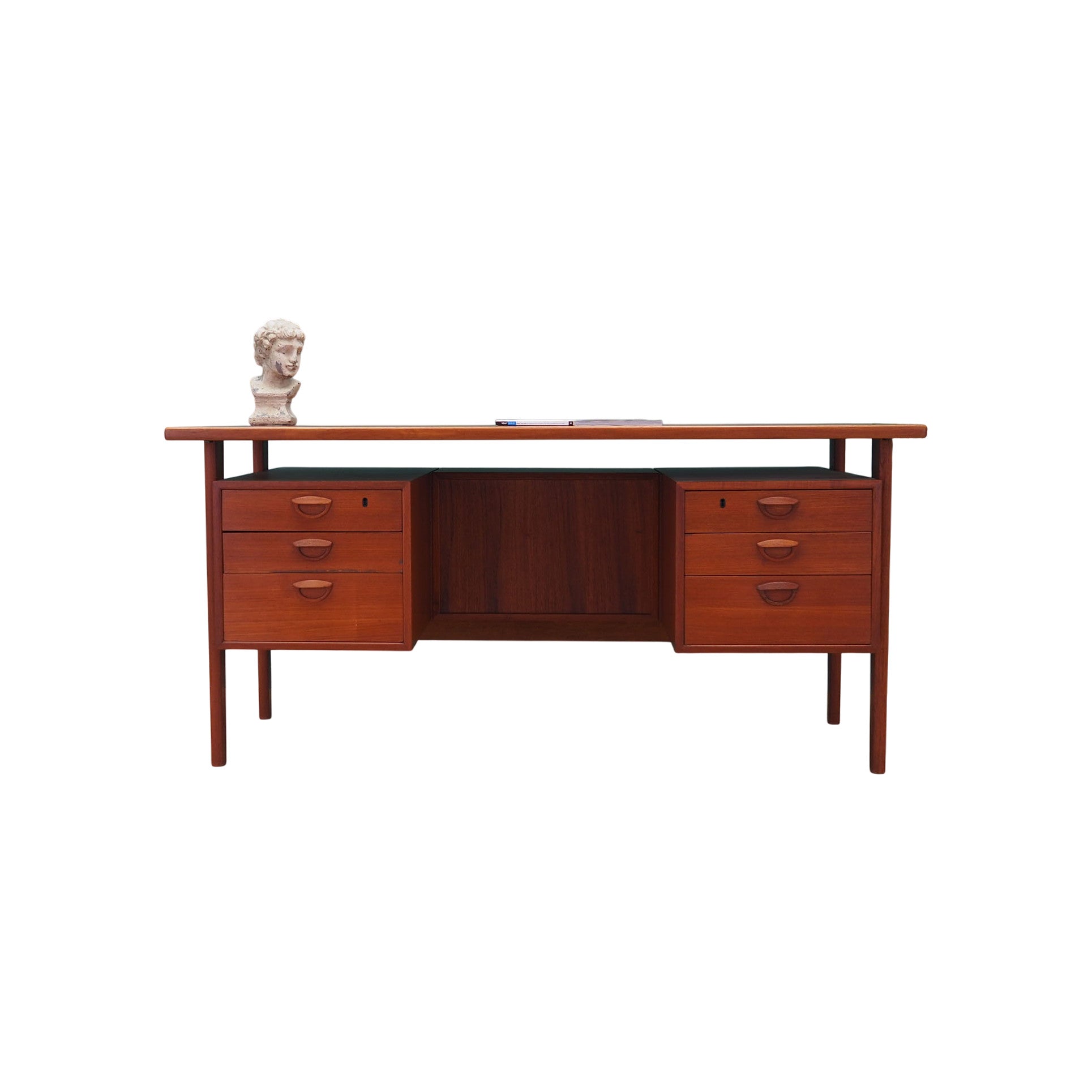 1970s_Danish_Teak_Executive_Desk_by_Kai_Kristiansen,_Six_Lockable_Drawers_and_Rear_Storage_Cabinets