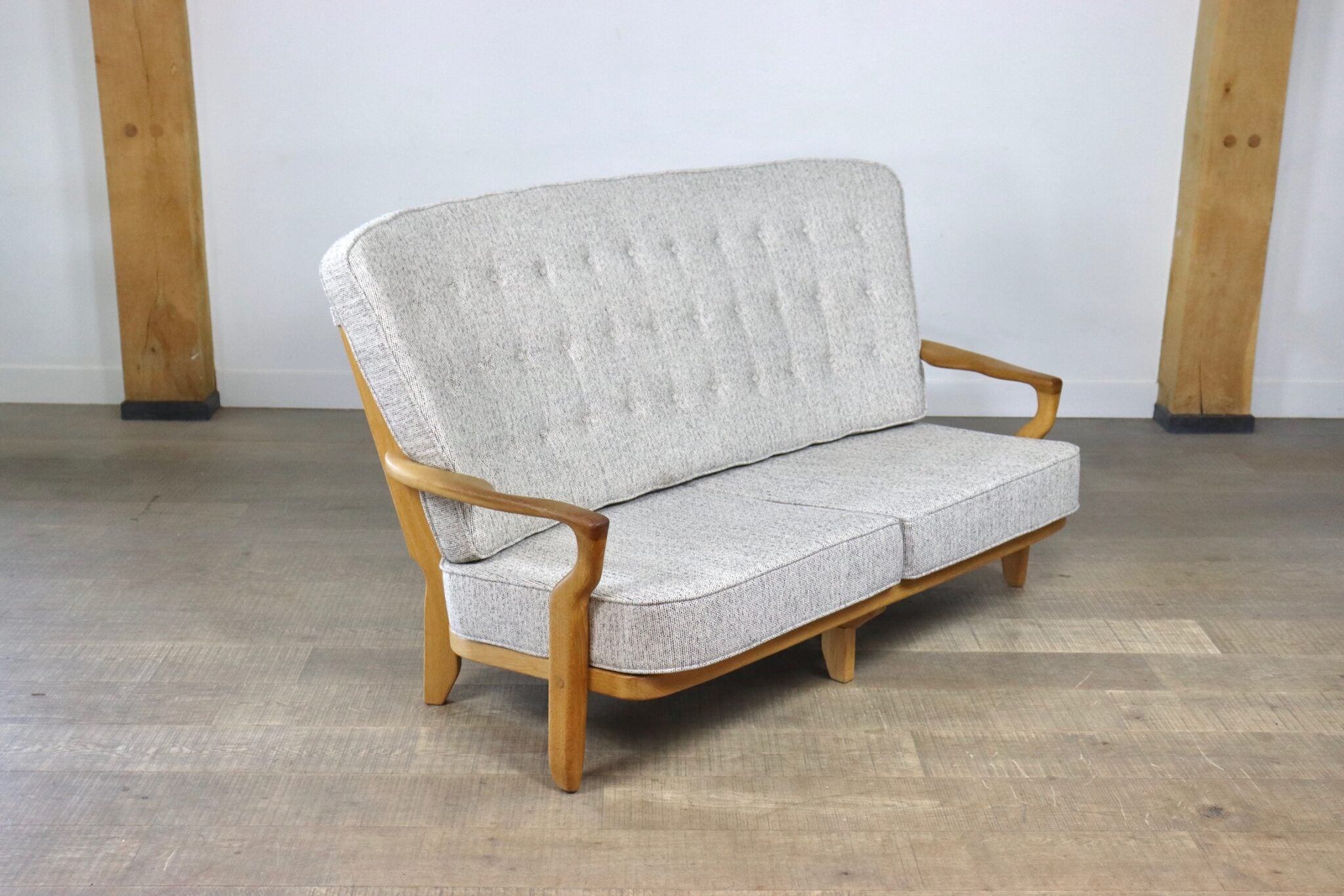 Rare_Guillerme_&_Chambron_solid_oak_sofa,_France_1960s