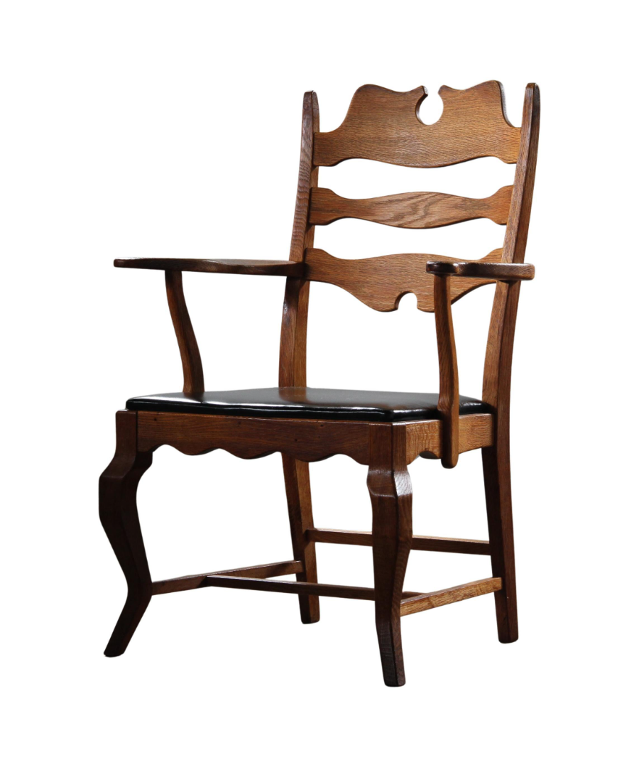 Razorblade_Brutalist_Oak_Armchair_by_Henning_Kjærnulf,_Black_Leather,_Danish_Mid-Century_Design