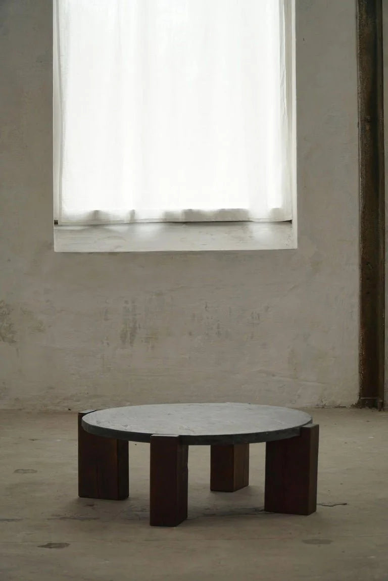 Round_Brutalist_Coffee_Table_in_Oak_&_Slate,_French_Mid-Century_Modern,_1970s
