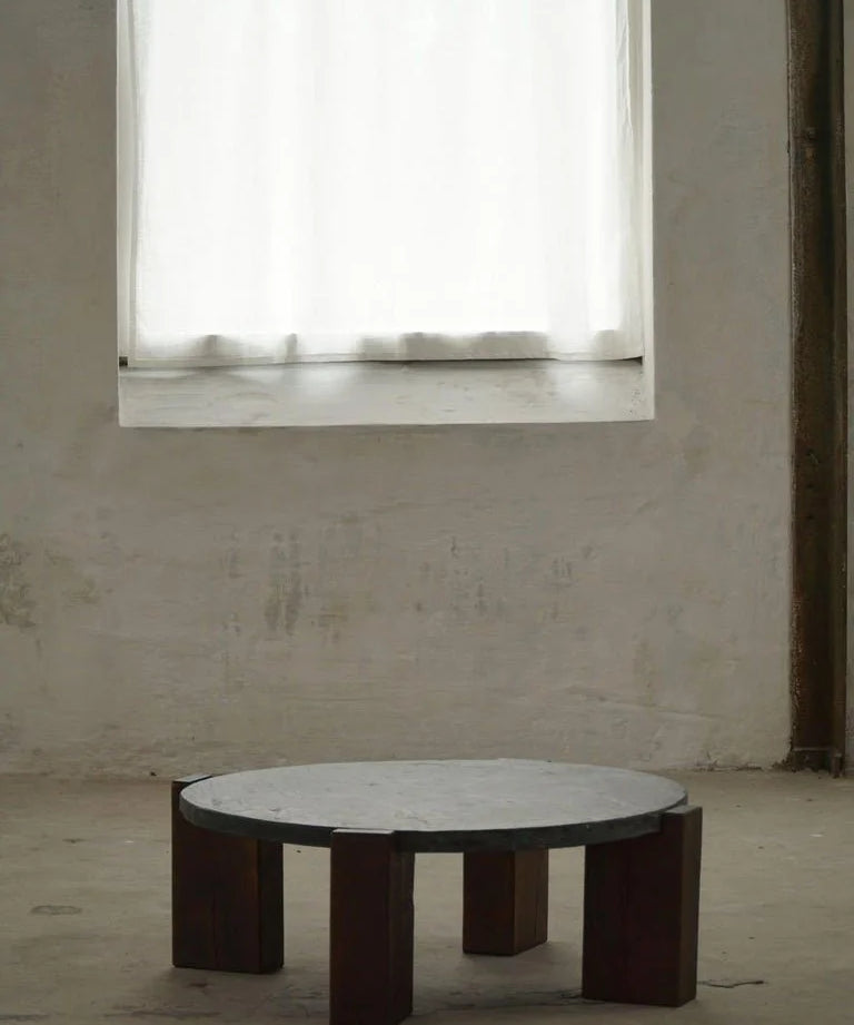 Round_Brutalist_Coffee_Table_in_Oak_&_Slate,_French_Mid-Century_Modern,_1970s