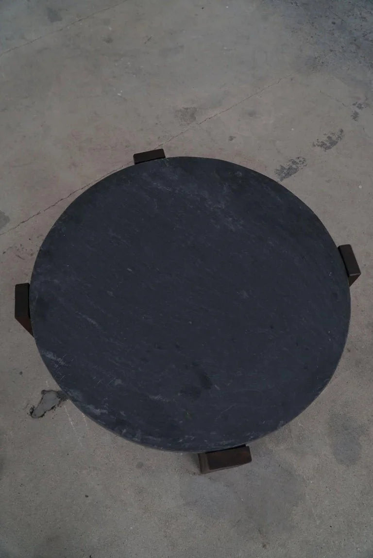 Round_Brutalist_Coffee_Table_in_Oak_&_Slate,_French_Mid-Century_Modern,_1970s