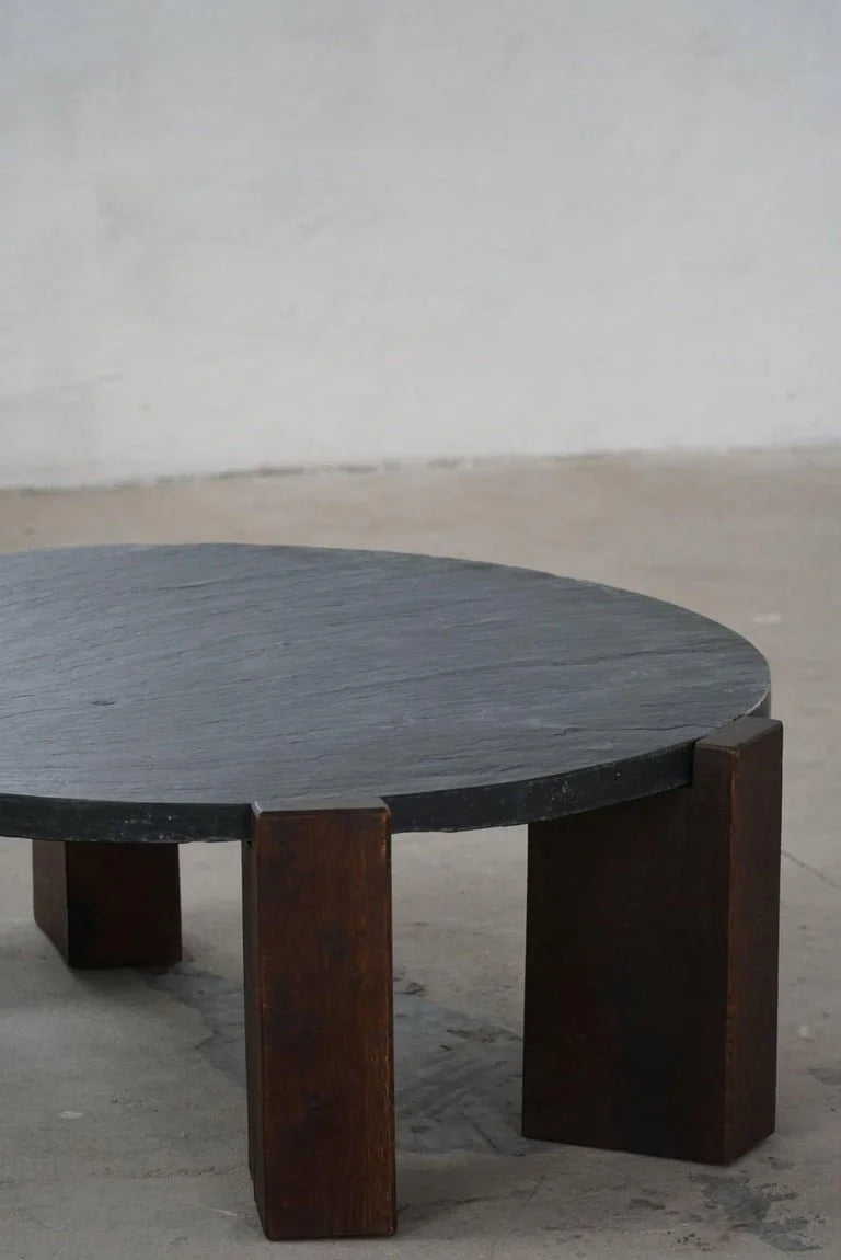 Round_Brutalist_Coffee_Table_in_Oak_&_Slate,_French_Mid-Century_Modern,_1970s