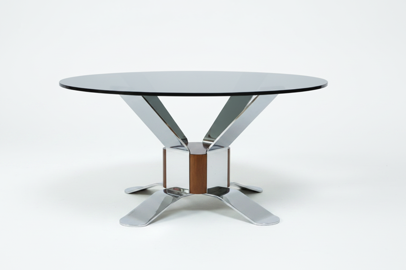 1980s_German_Round_Dining_Table_in_Solid_Teak_and_Chrome_Steel