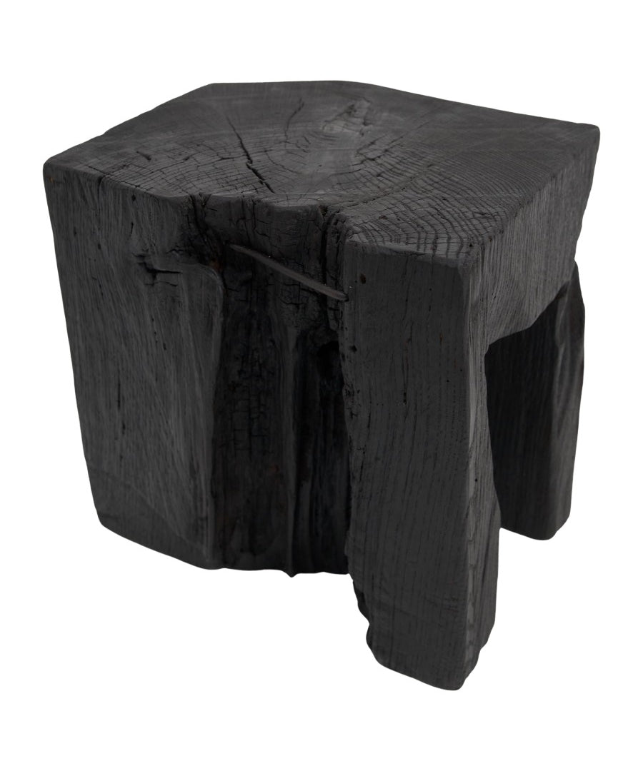 Rustic_Sculptural_Side_Table,_Stool,_Burnt_Black_Oak_Wood,_Logniture