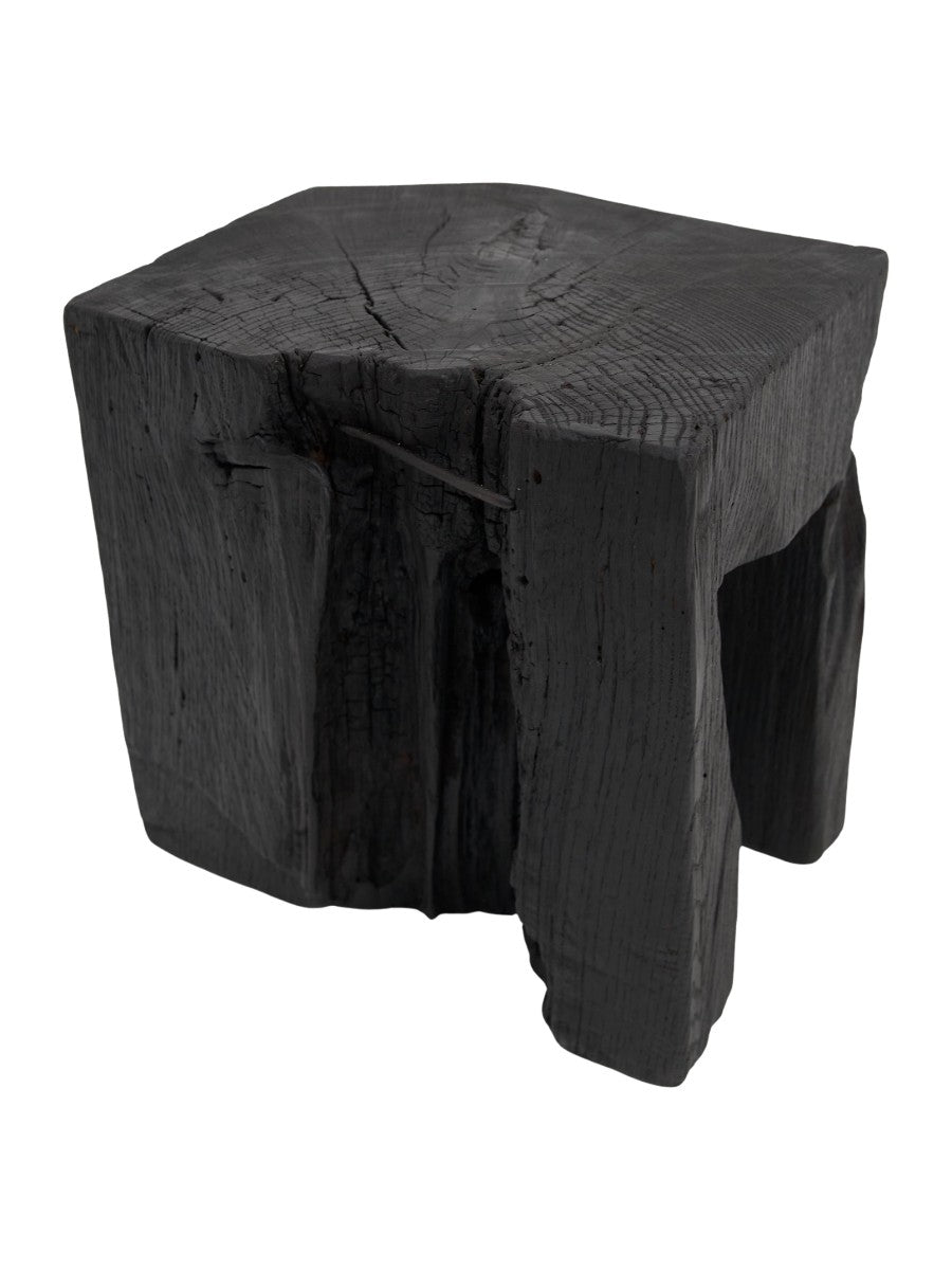 Rustic_Sculptural_Side_Table,_Stool,_Burnt_Black_Oak_Wood,_Logniture