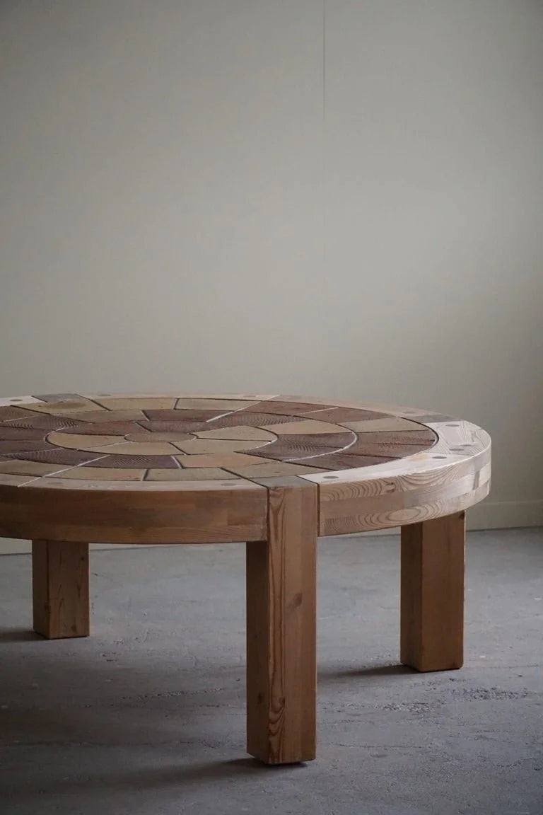 Sallingboe,_Large_Round_Coffee_Table_in_Pine_&_Ceramic,_Danish_Design,_1970s