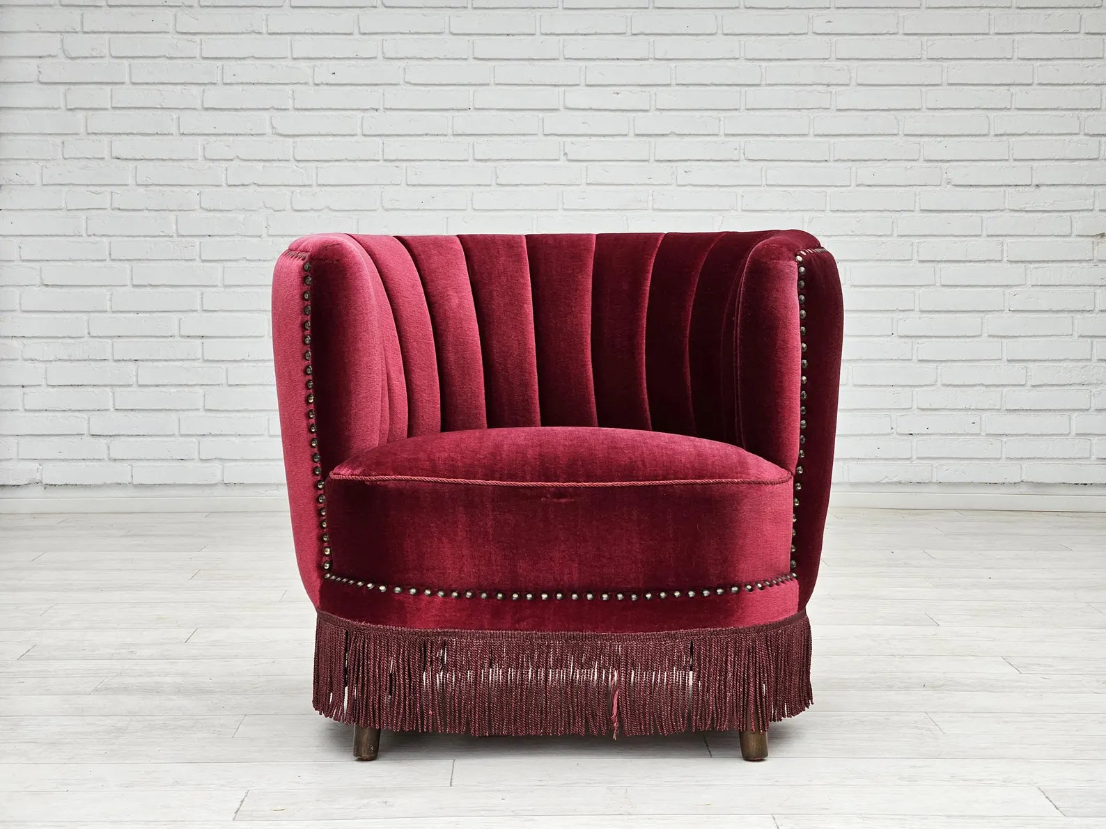 Scandinavian_Armchair,_Cherry_Red_Velour_&_Wood_Frame,_1970s_Denmark