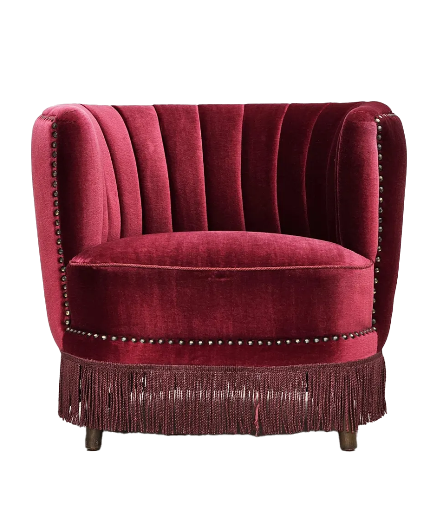 Scandinavian_Armchair,_Cherry_Red_Velour_&_Wood_Frame,_1970s_Denmark