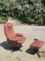 Set_of_Swivel_Lounge_Chair_with_Ottoman,1990s_Scandinavian_Style_Brown_Leather_Reclining