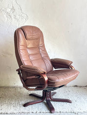 Set_of_Swivel_Lounge_Chair_with_Ottoman,1990s_Scandinavian_Style_Brown_Leather_Reclining