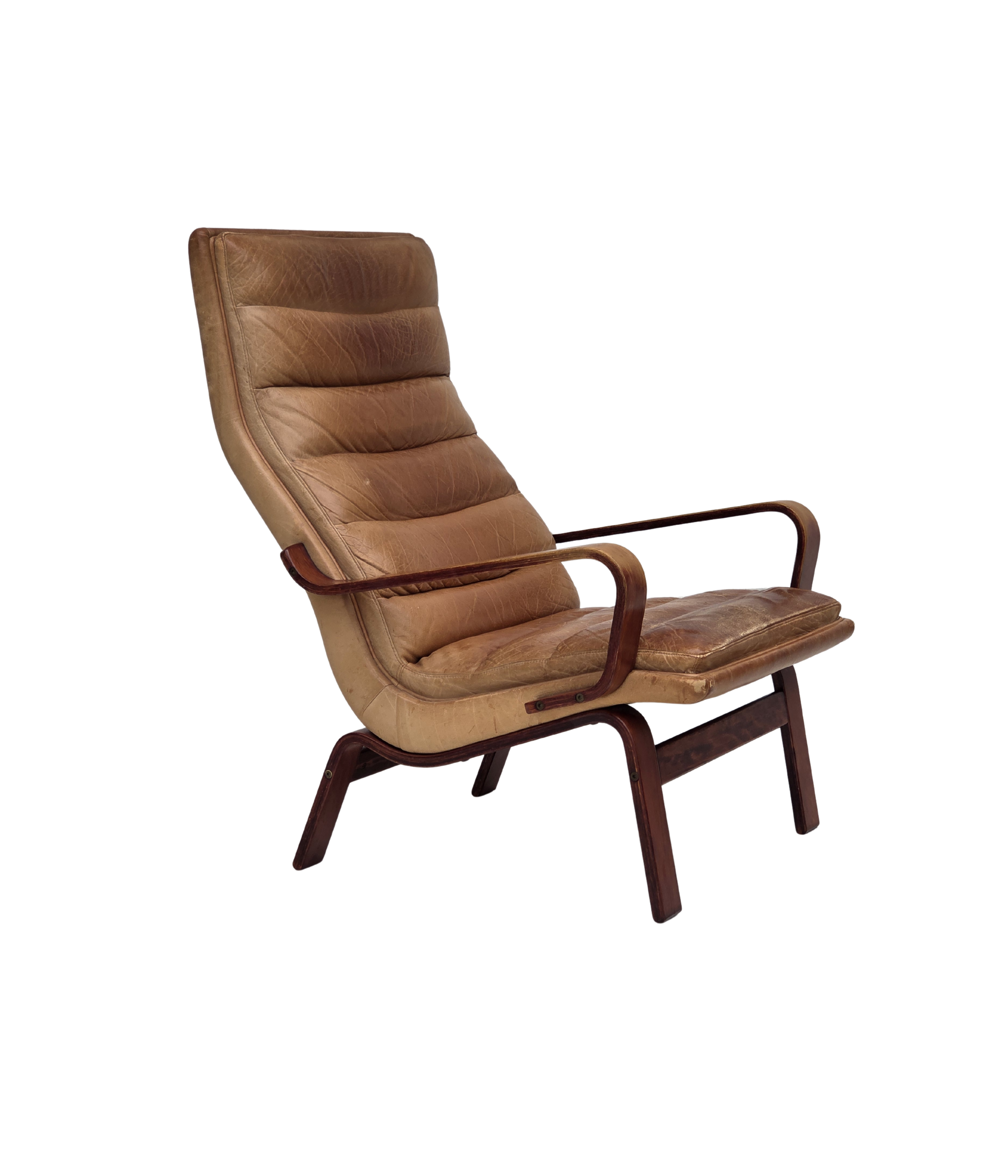 Scandinavian_Highback_Armchair_in_Original_Light_Brown_Leather_and_Bent_Beech_Wood,_1970s