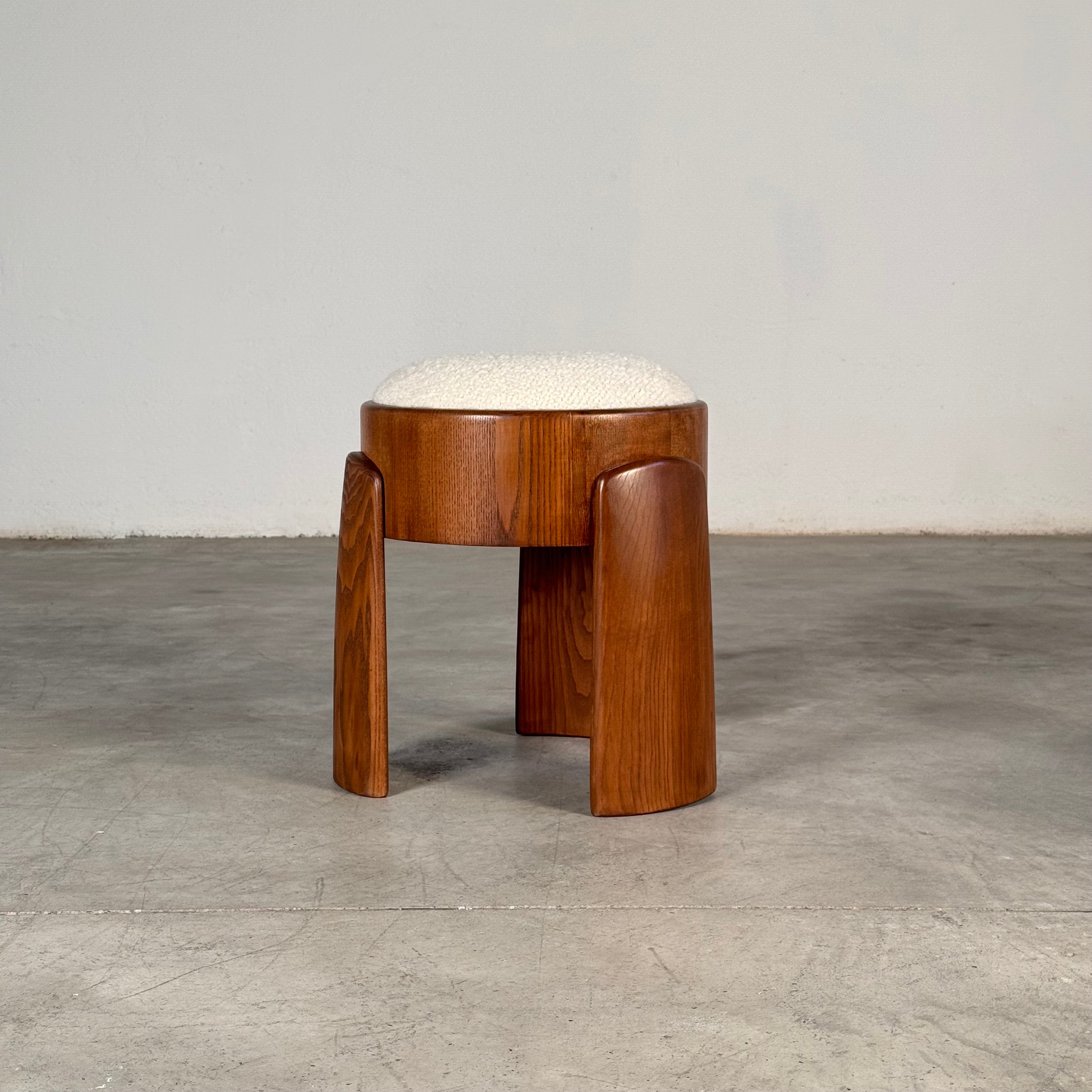 Sculptural_Ash_Wood_Stool_with_Dedar_Milano_Bouclé_Ivory_by_FORME