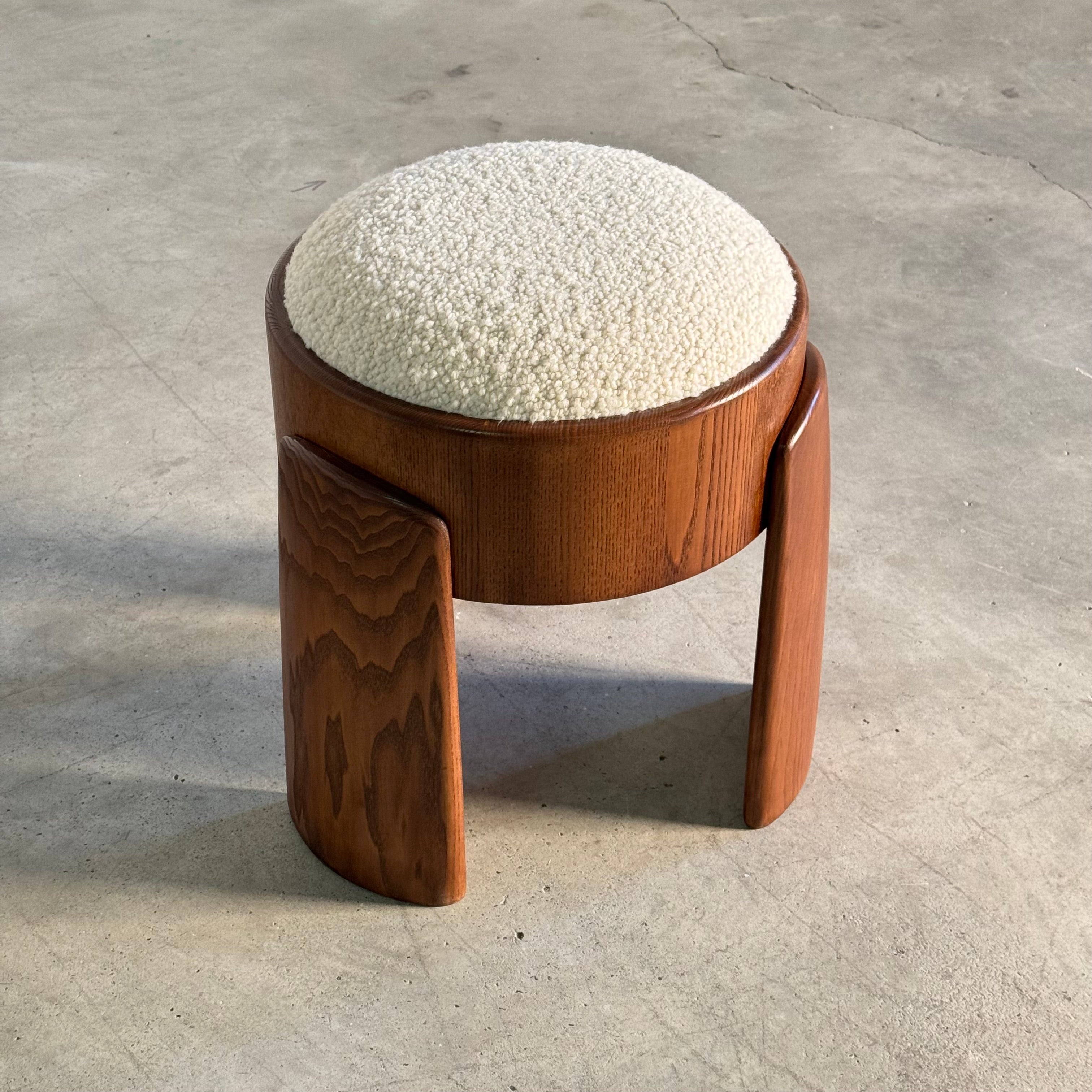 Sculptural_Ash_Wood_Stool_with_Dedar_Milano_Bouclé_Ivory_by_FORME