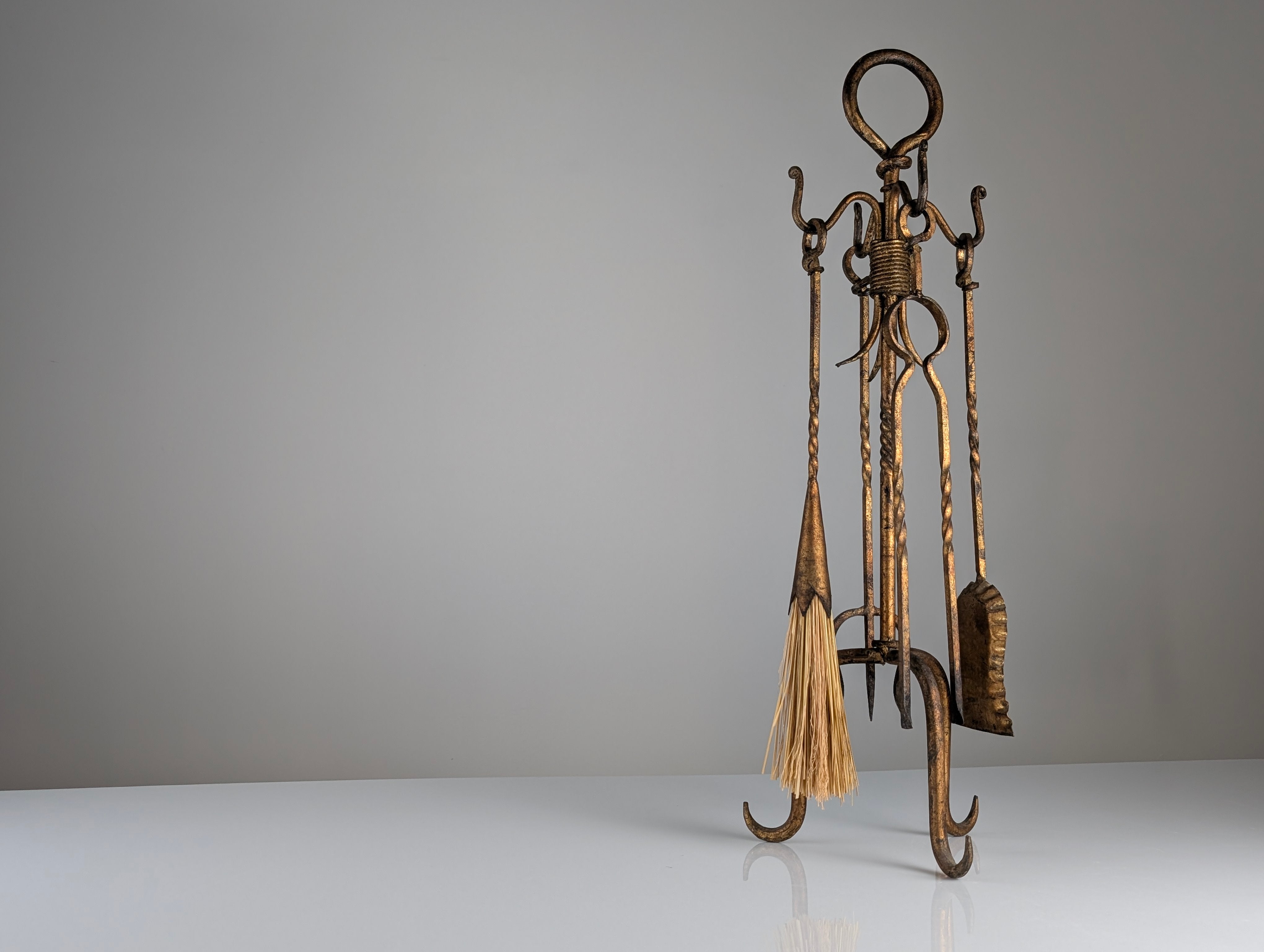 1960s_Hand-Forged_Wrought_Iron_Fireplace_Tool_Set_with_Gilt_Finish
