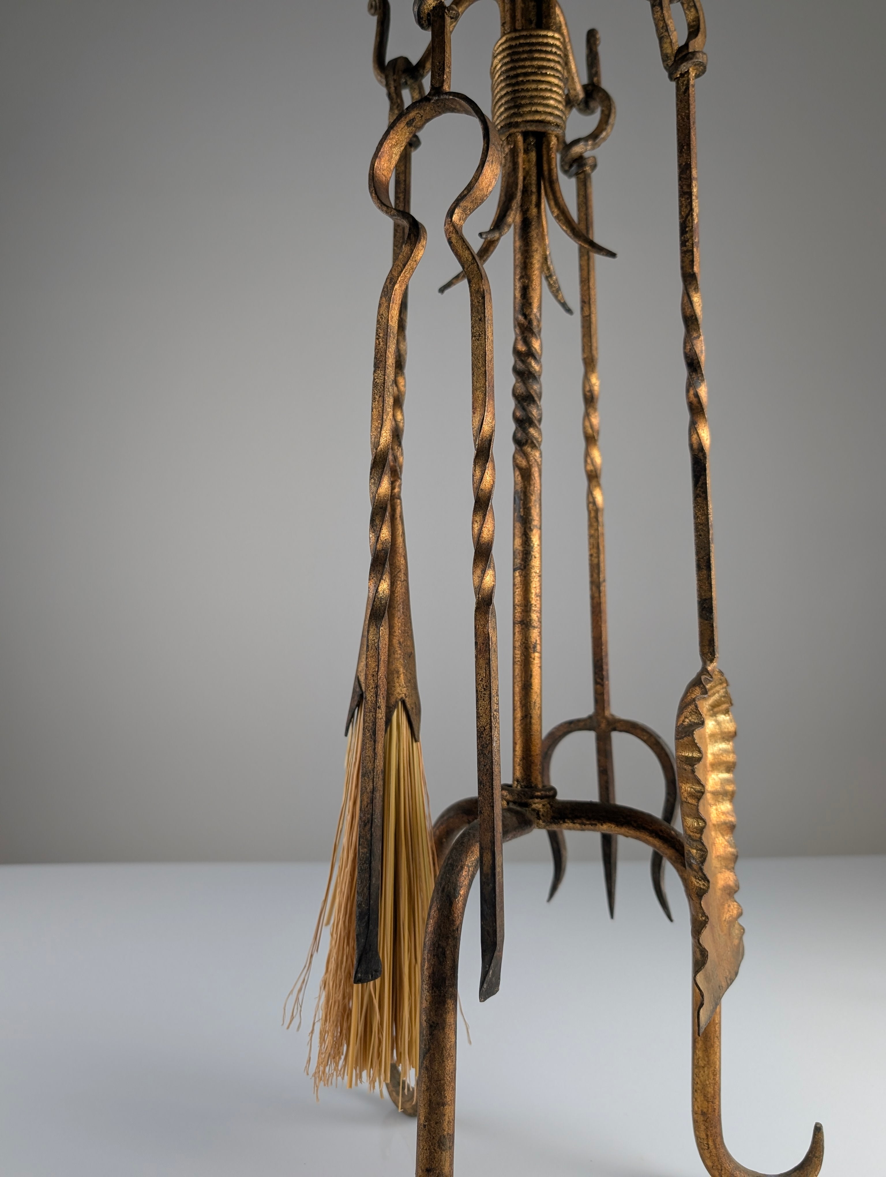 1960s_Hand-Forged_Wrought_Iron_Fireplace_Tool_Set_with_Gilt_Finish